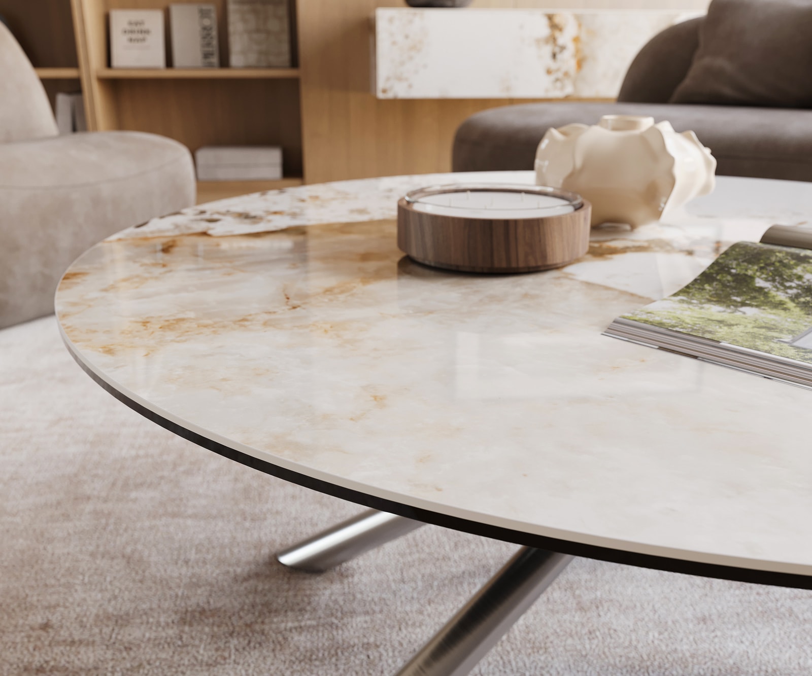 Couchtisch Edge Rund 100x100 cm Keramik Minas Melange Sarity Edelstahl gebürstet 6