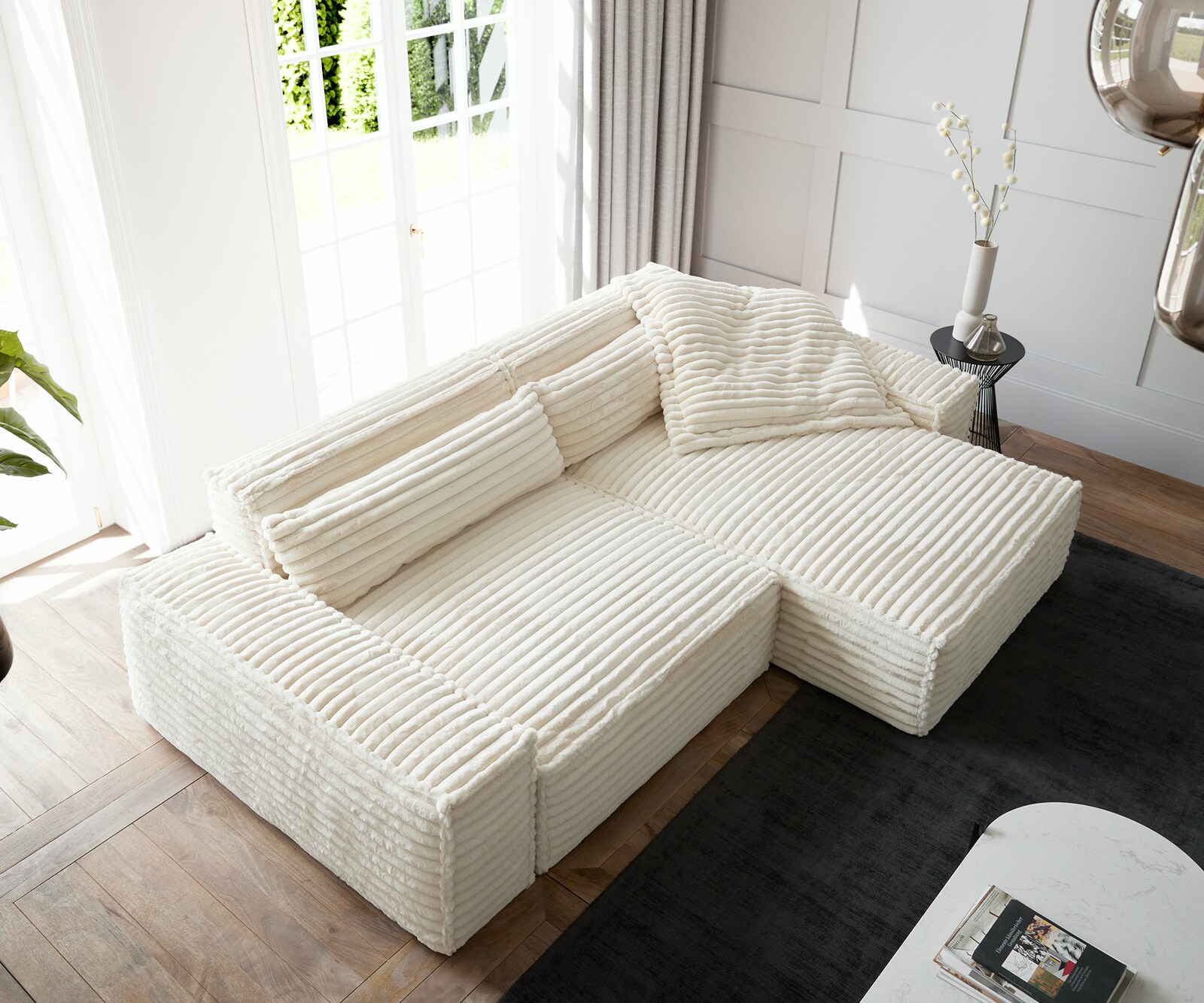 Ecksofa Sirpio XL 270x170 cm Plüschcord Beige Recamiere variabel 3