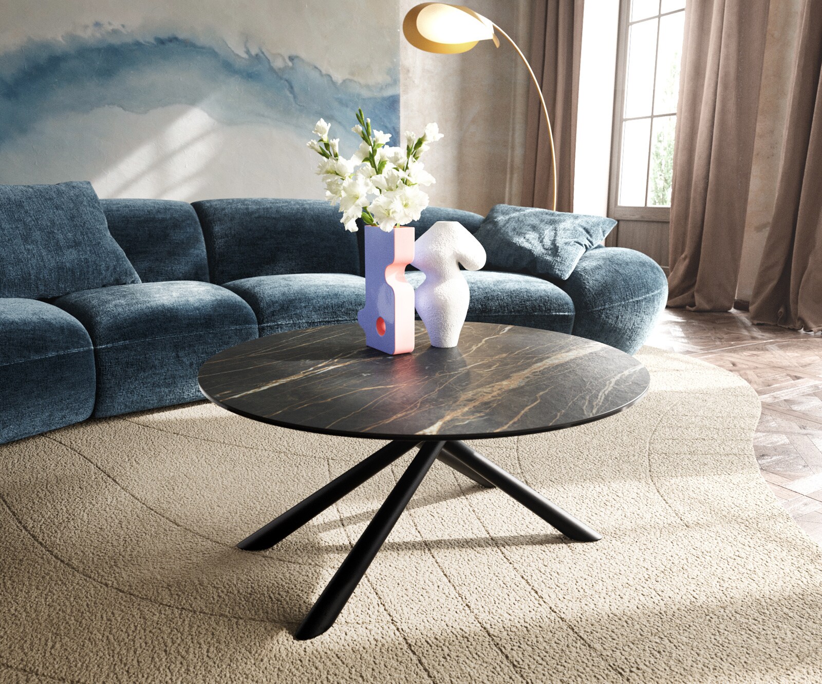 Wohnzimmertisch Edge Rund 90x90 cm Keramik Laminam® Noir Desir Braun Sarity Metall Schwarz