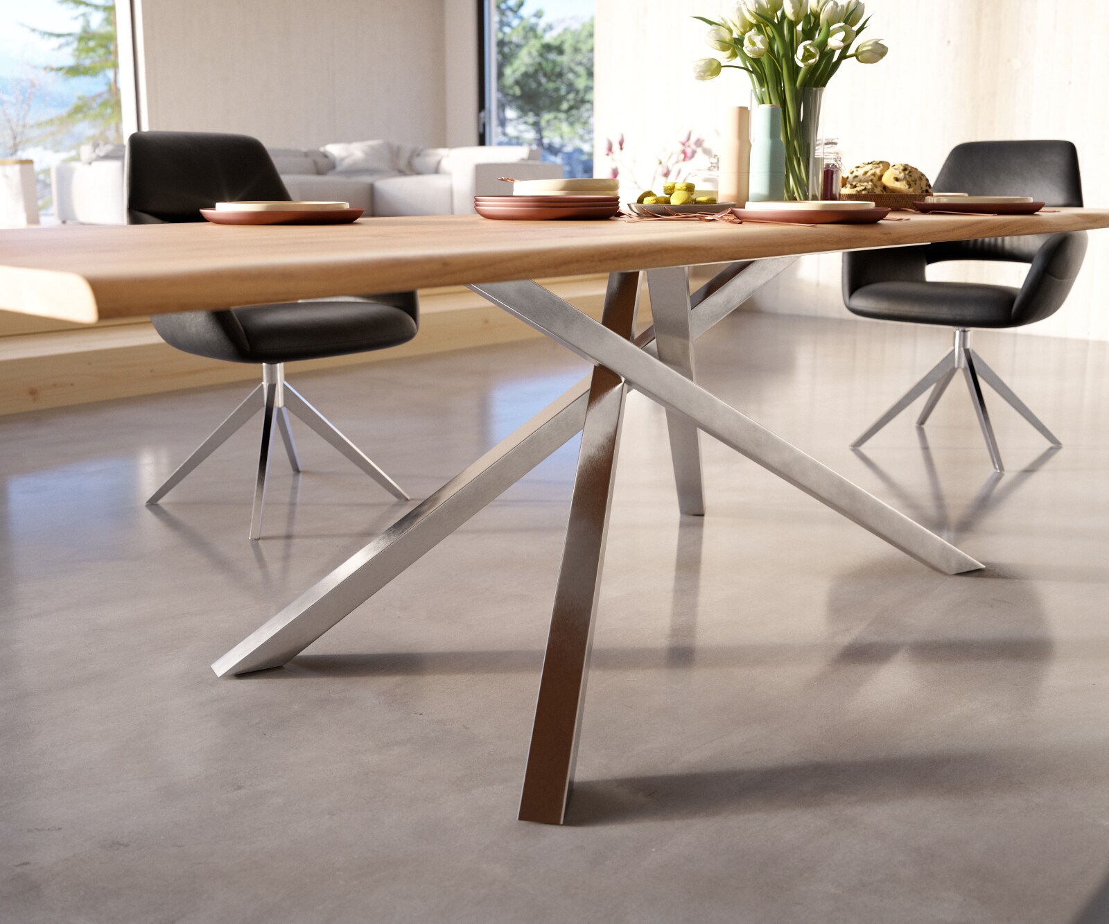 Esstisch Edge 260x100 Akazie Natur Kreuzgestell Rechteck Edelstahl Live-Edge 4