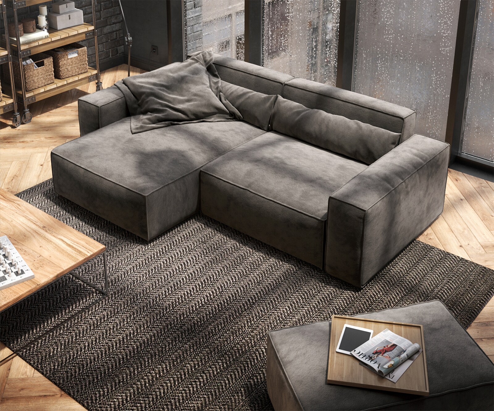Ecksofa Sirpio 230x150 cm Mikrofaser Khakibraun Recamiere variabel mit Hocker 4