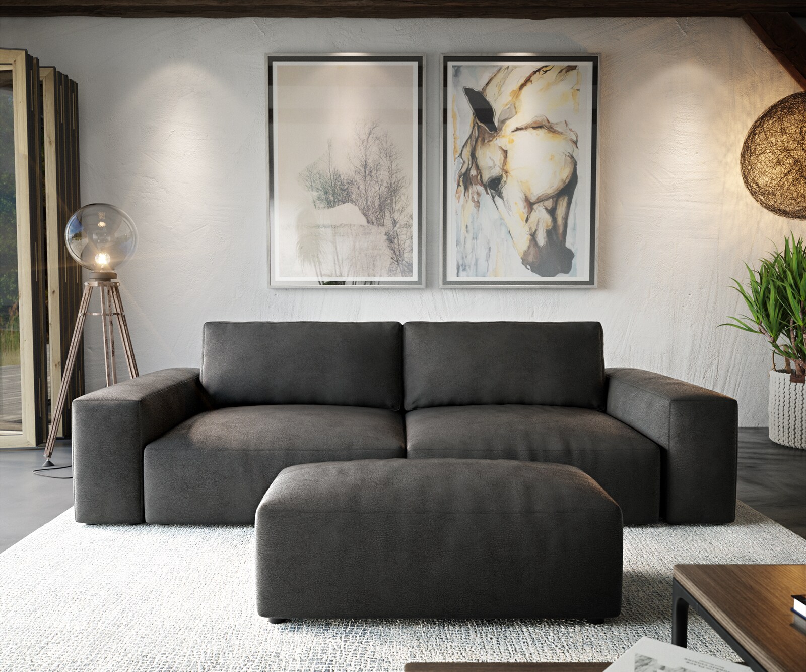 Big-Sofa Lanzo XL 270x130 cm Lederimitat Vintage Anthrazit mit Hocker 1