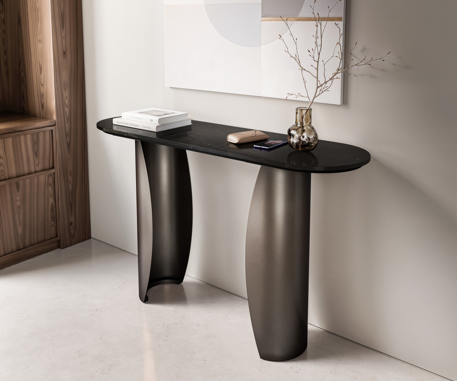 DELIFE Konsolentisch Solena 135x40 cm Marmor Schwarz Silber Metall Black Antique, Beistelltische