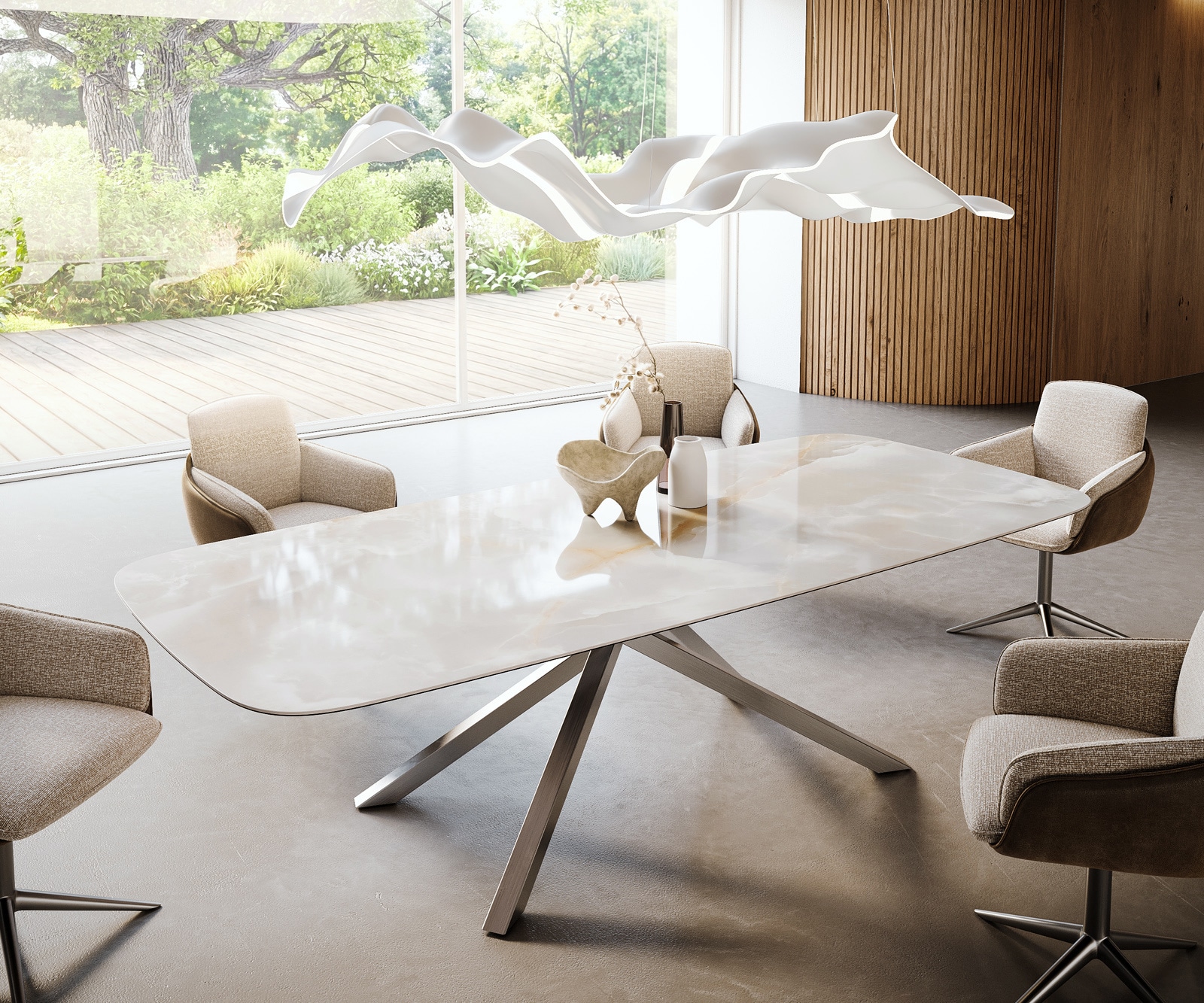 Esstisch Edge Boot 270x120 cm Keramik Iris FMG Onice Grigio Kreuzgestell Rechteck Edelstahl