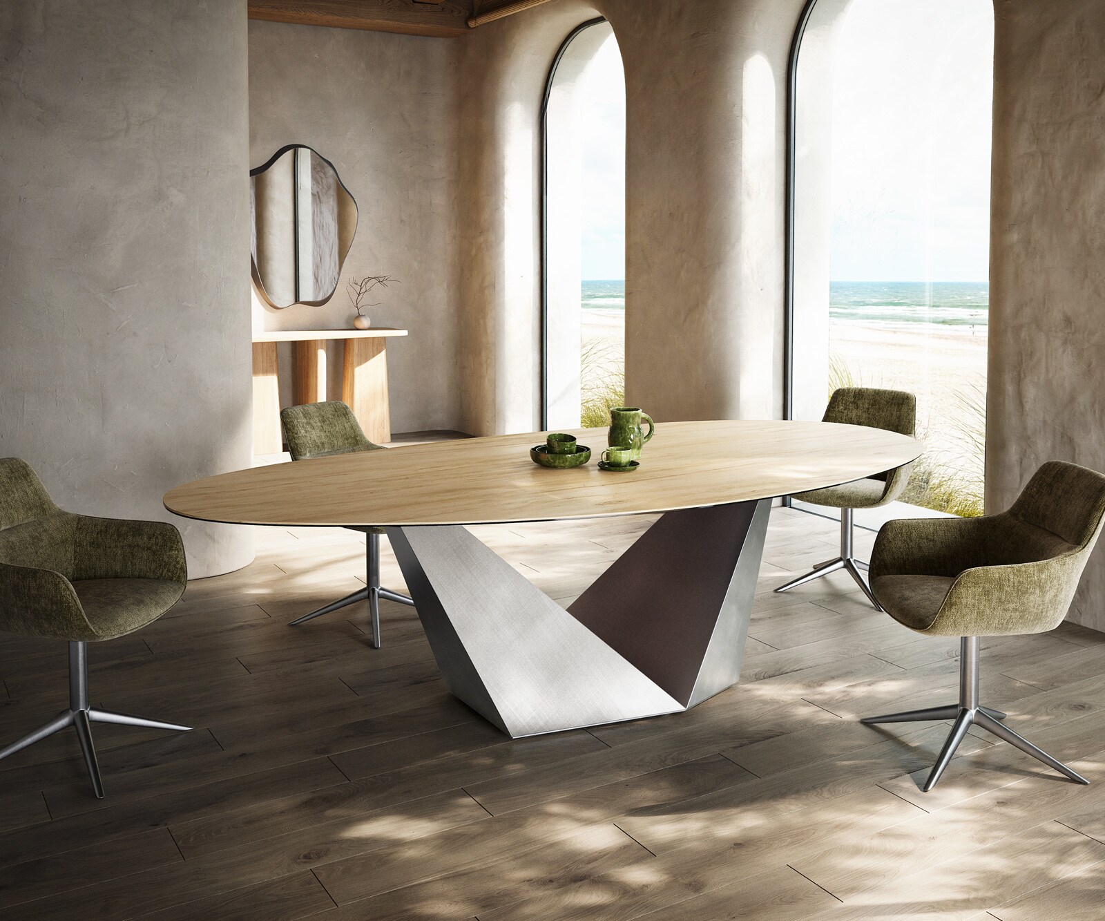 Esstisch Edge Oval 280x130 Keramik Laminam® Sabbia Eichefarbig Prisma Metallic Silber 1