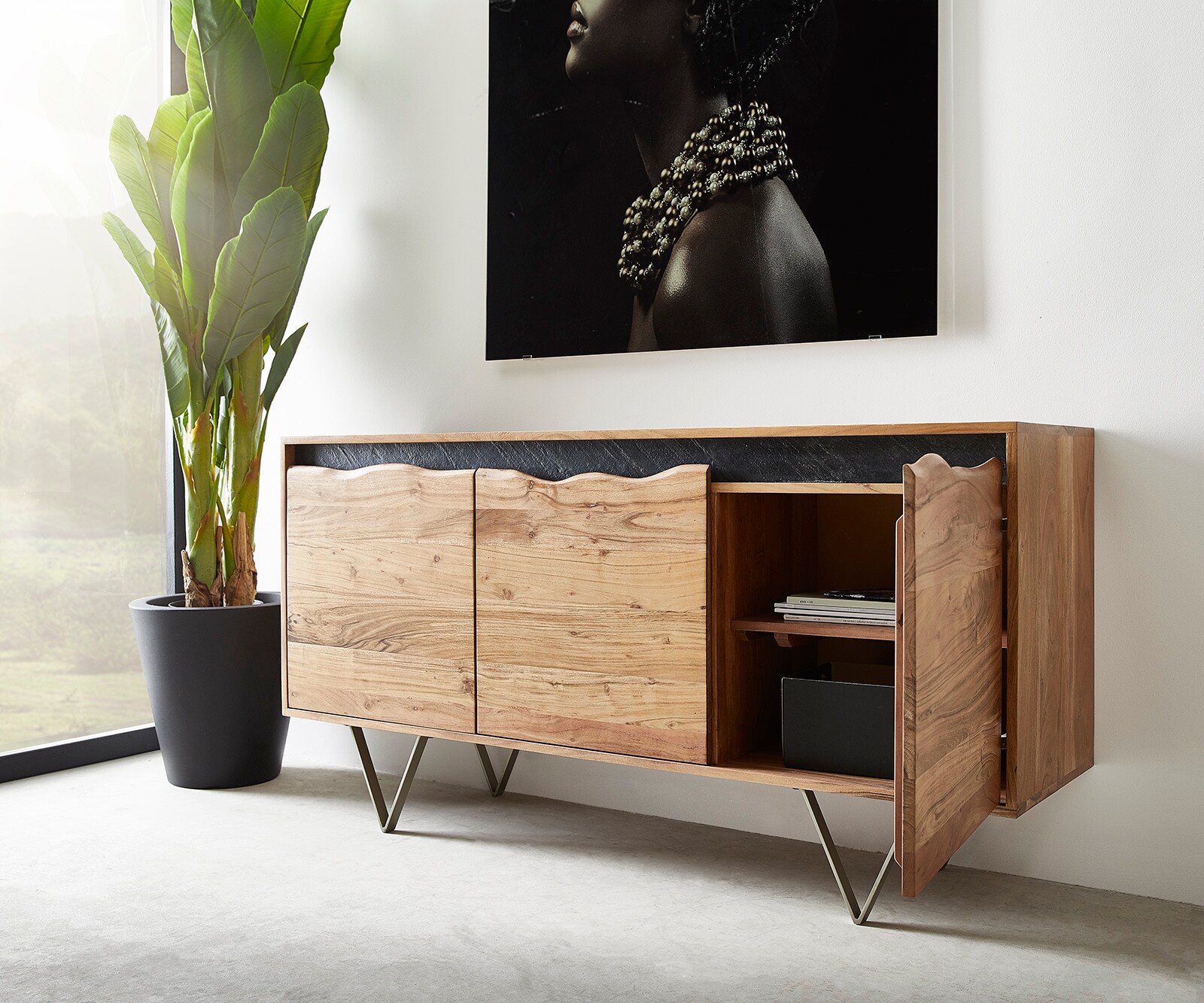 Sideboard Stonegrace 147x45 cm Akazie Natur 3 Türen Baumkante 4
