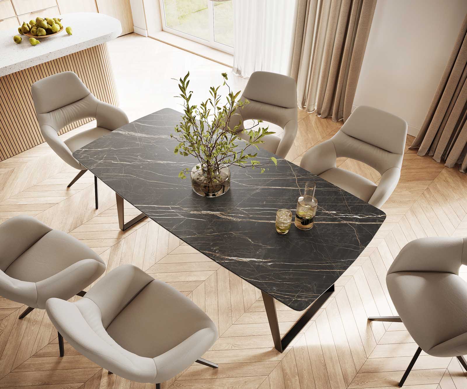 Esstisch Edge Bootsform 200x100 Keramik Laminam® Noir Desir Braun Metall Schräg Schwarz 3
