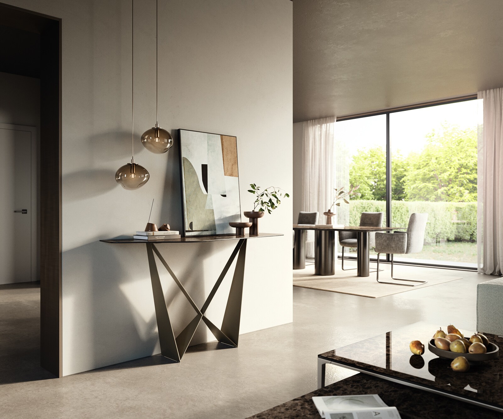 Konsolentisch Edge Polygonal 140x50 cm Keramik Emperador Extra Lucidato Dunkelbraun Spios Metall Effektfinish Titan 6