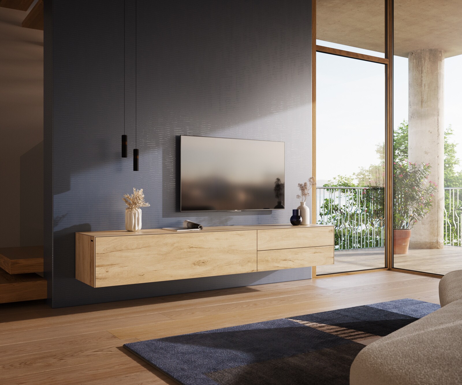 Lowboard Cuor 220 cm Keramik Laminam® Sabbia Eichefarbig 1 Klappe 2 Schubfächer Schwebend