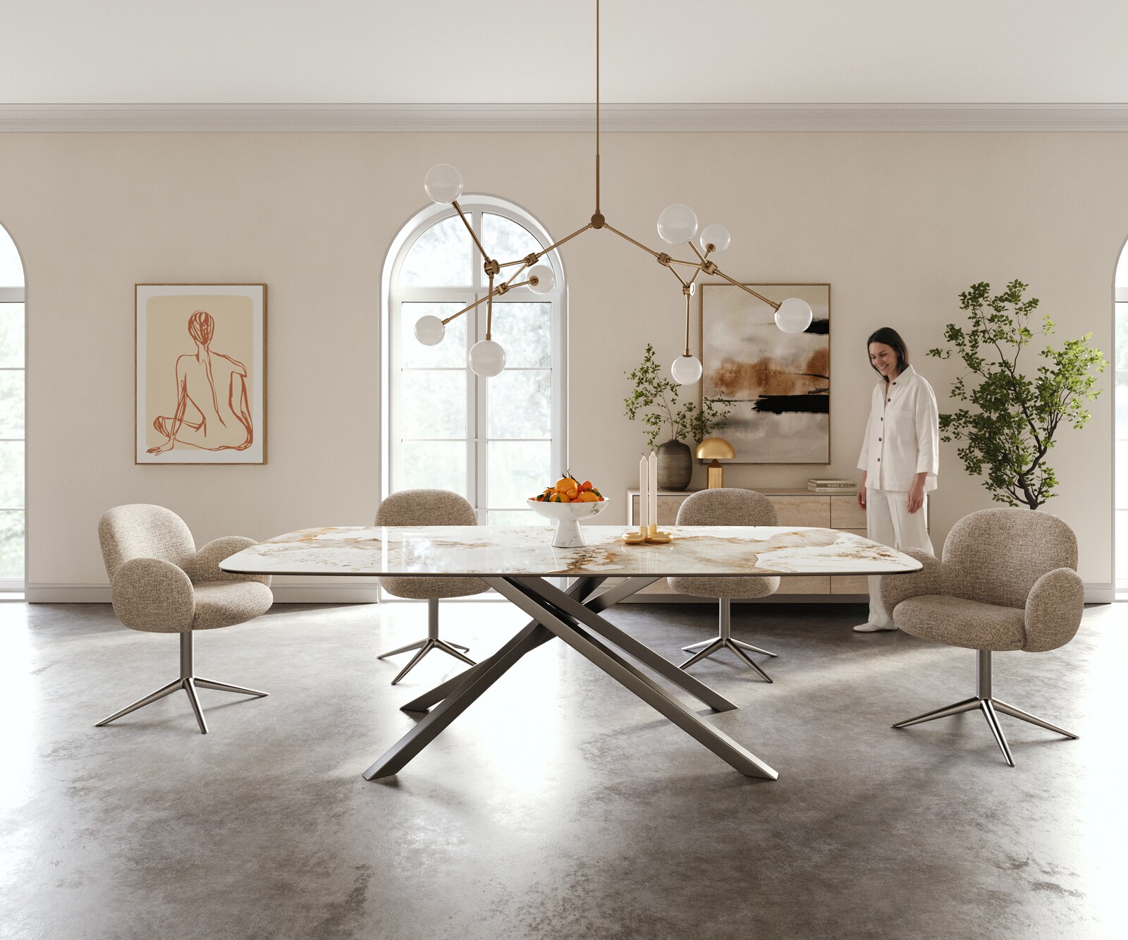 Esstisch Edge Boot 240x120 cm Keramik Minas Melange Weiß-Beige Kreuzgestell Rechteck Edelstahl Graphit 1
