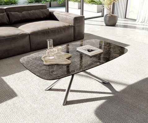 Couchtisch Edge Boot 120x70 cm Keramik Emperador Extra Lucidato Dunkelbraun Sarity Edelstahl gebürstet