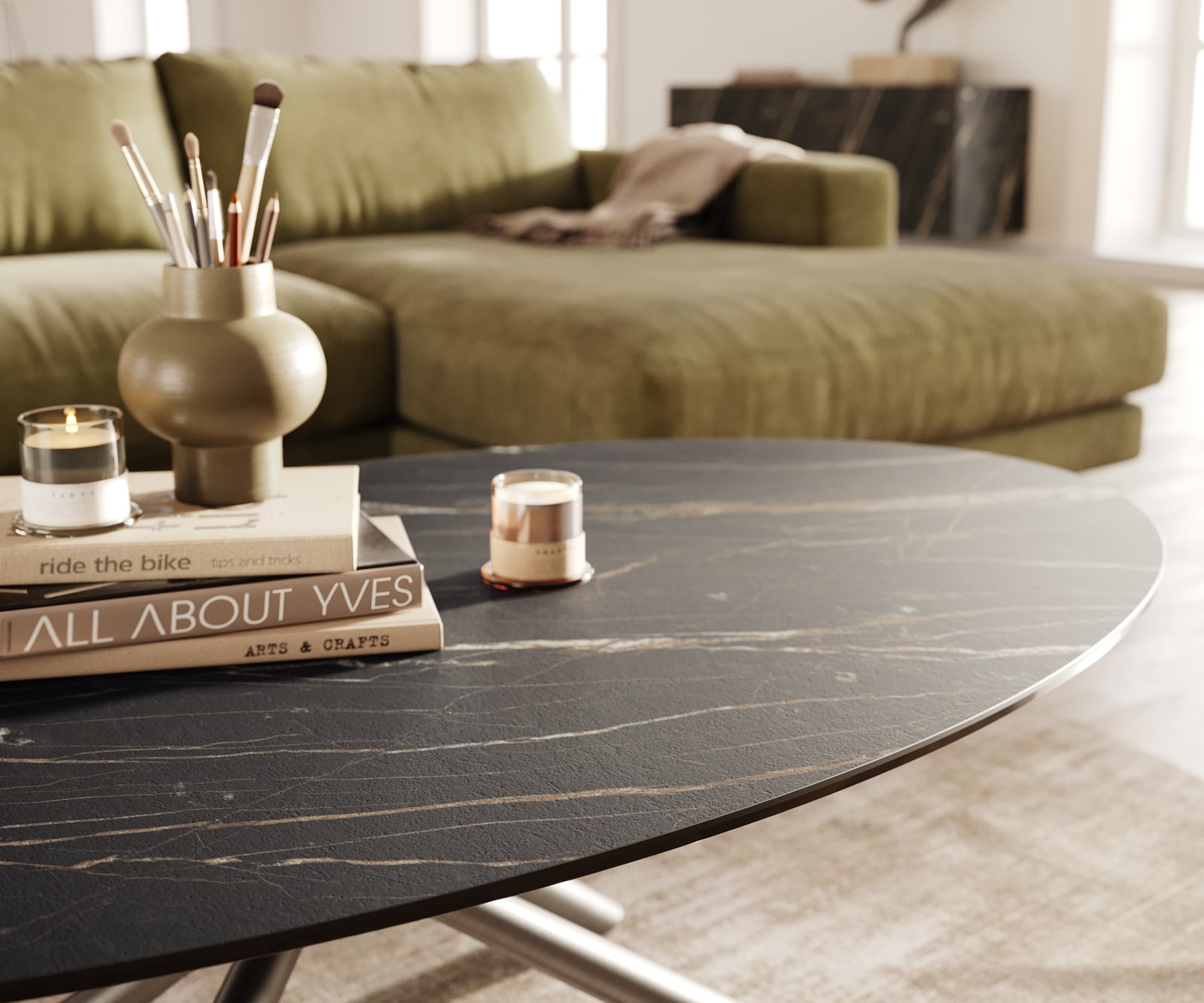 Couchtisch Edge Oval 140x80 cm Keramik Laminam® Noir Desir Braun Sarity Edelstahl gebürstet 5