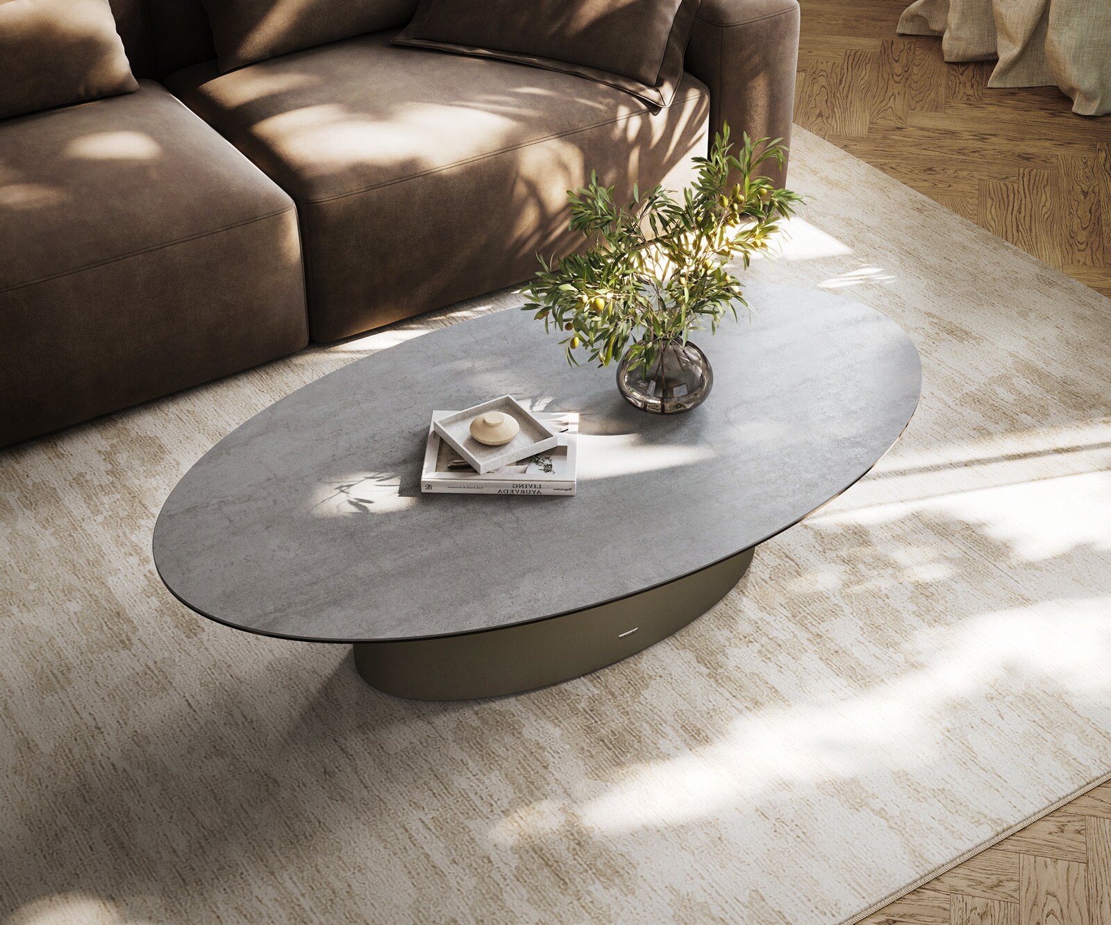 Couchtisch Edge Oval 140x80 cm Keramik Beton Grau Casilda Effektfinish Titan 3