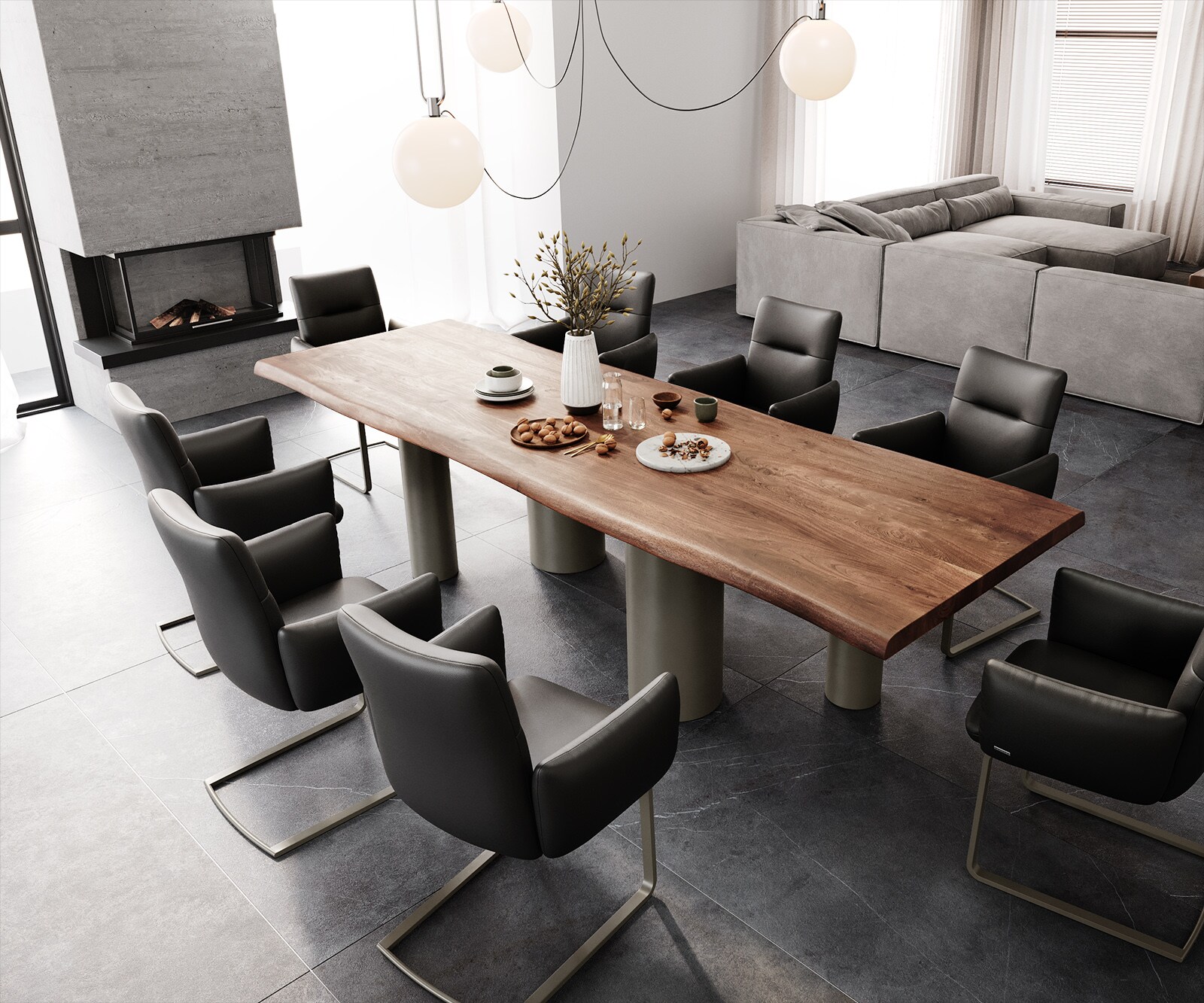 Esstisch Edge 300x100 XL Akazie Braun Pilier Metall Effektfinish Titan Live-Edge 4