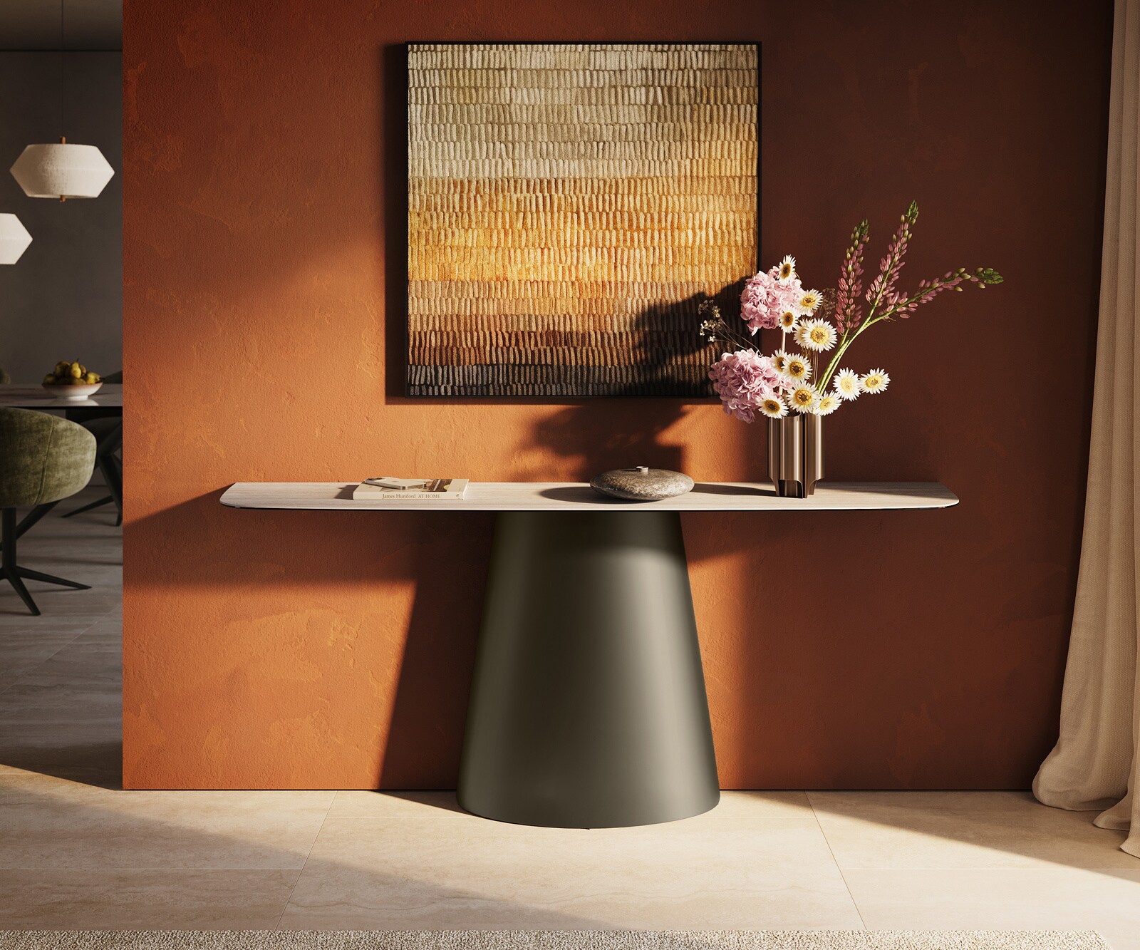 Konsolentisch Edge Boot 180x40 cm Keramik Laminam® Travertino Bianco Creme-Weiß Conos Metall Effektfinish Titan 1
