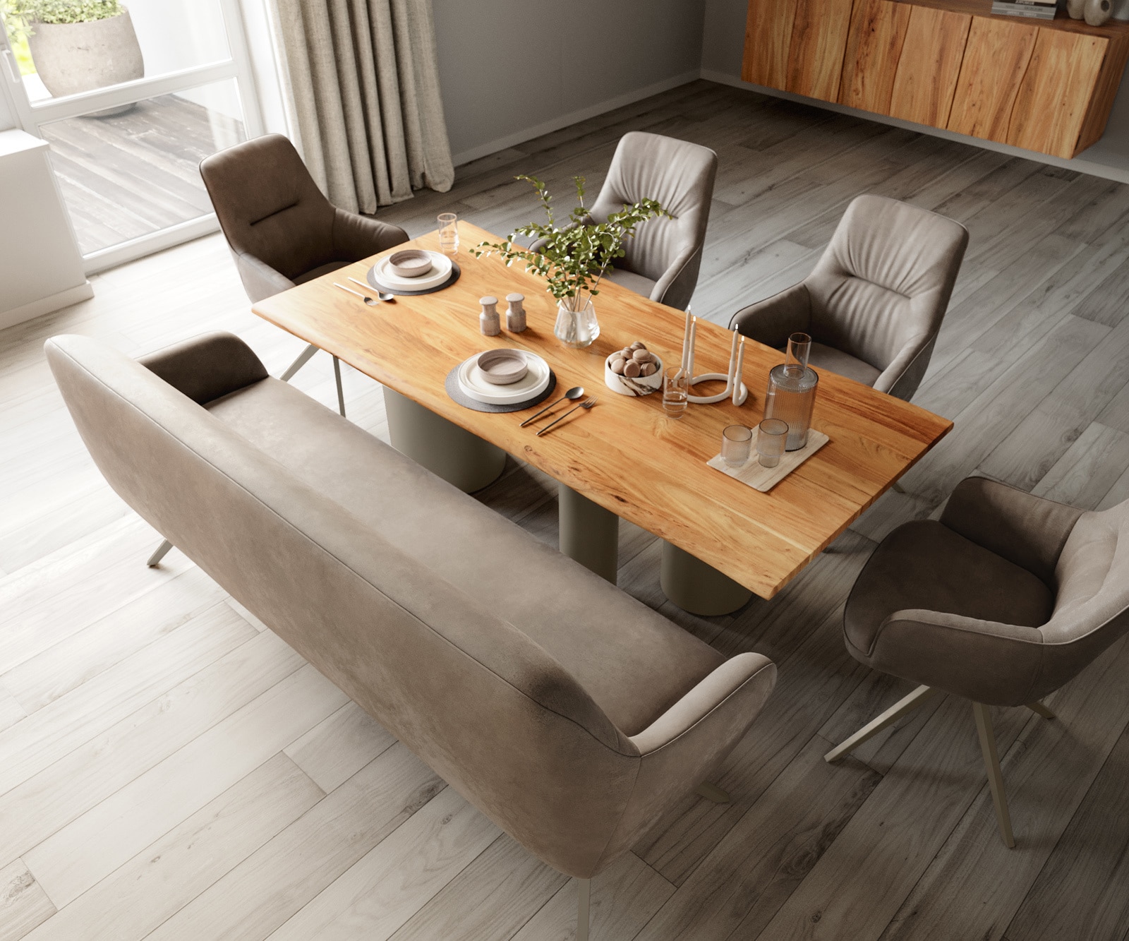 Esszimmerbank Taya-Flex 200 cm Mikrofaser Taupe Vintage Kreuzgestell kantig Effektfinish Titan Taschenfederkern 3