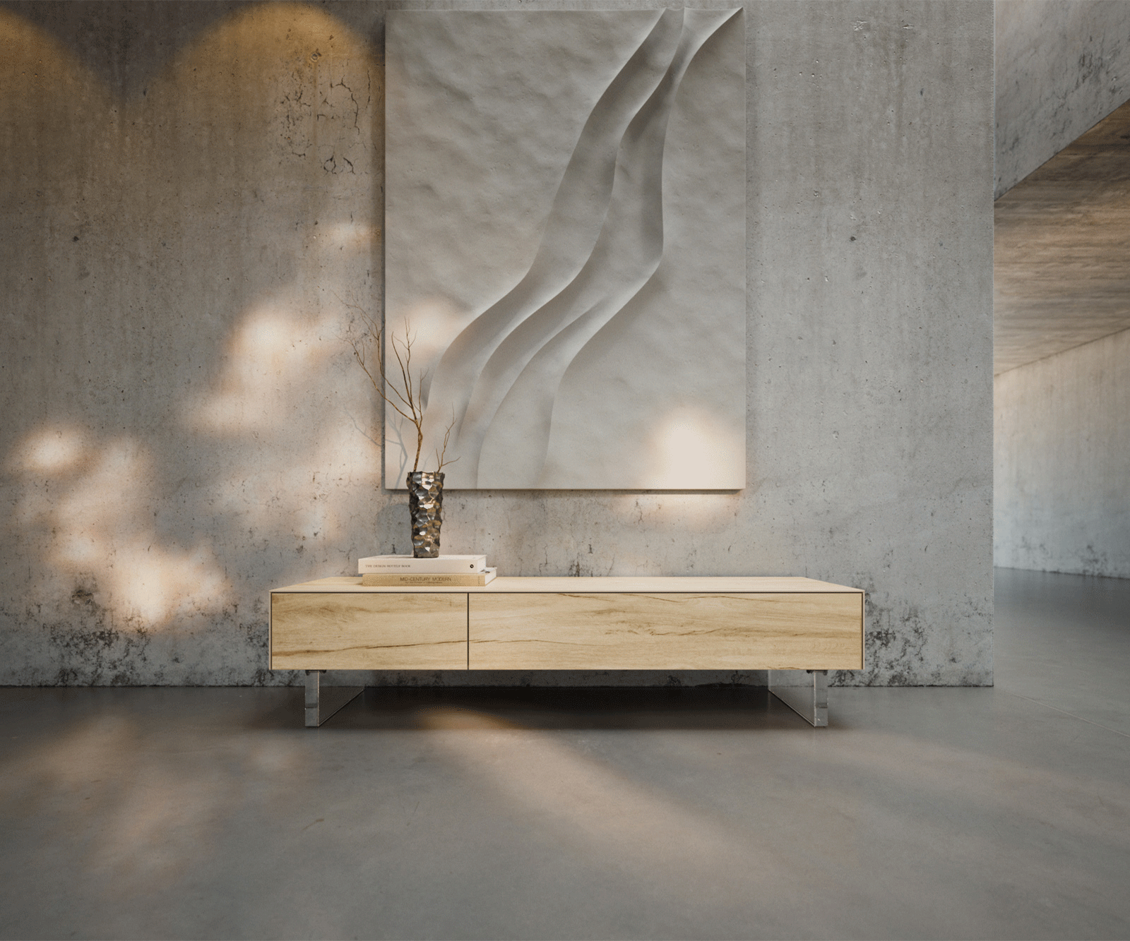 Lowboard Cuor 150 cm Keramik Laminam® Sabbia Eichefarbig 1 Klappe 1 Schubfach Fuß Schwebeoptik Acrylglas 1