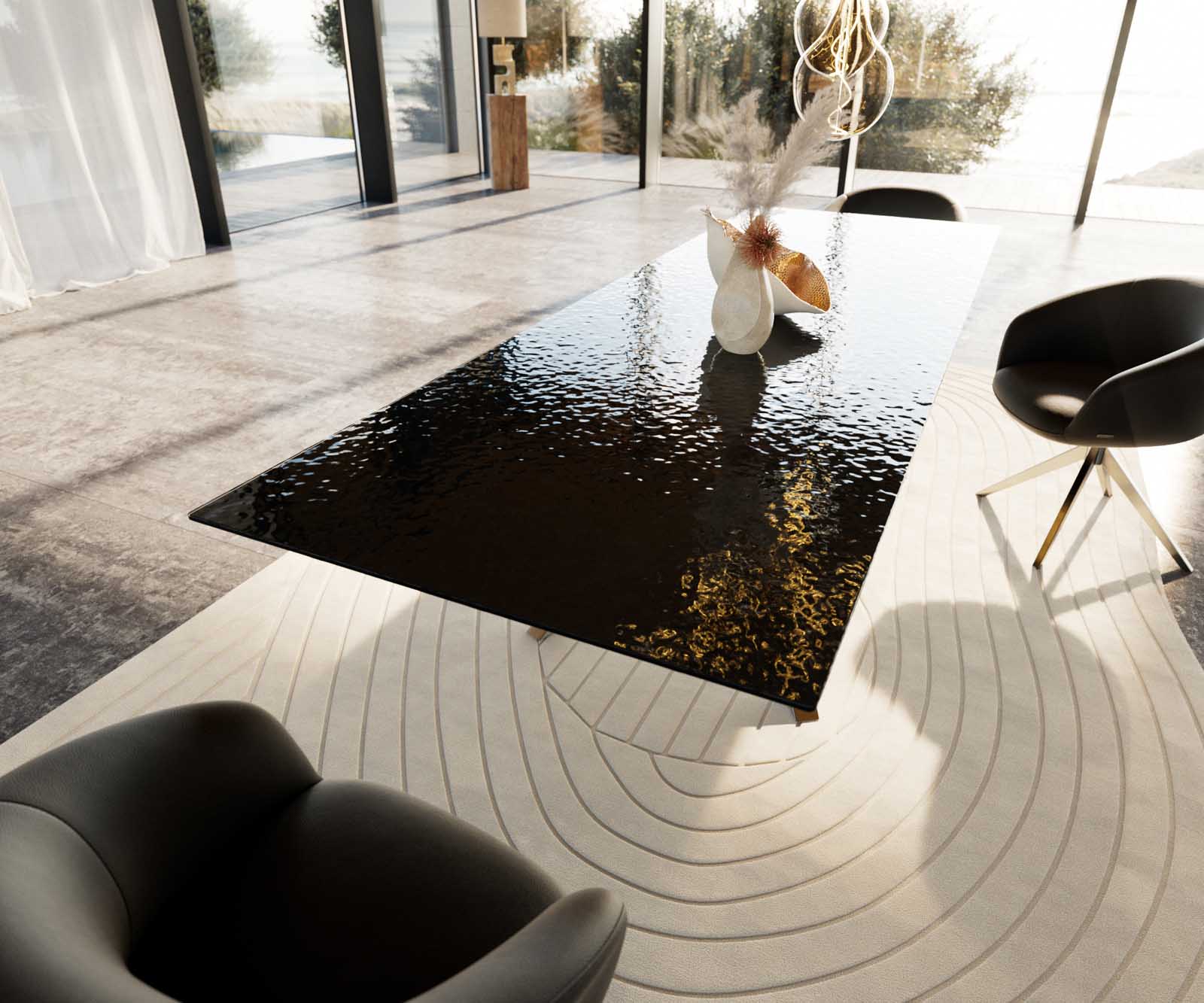 Esstisch Edge 300x100 Reliefglas Rauchschwarz 3D-Design Kreuzgestell Rechteck Edelstahl 7