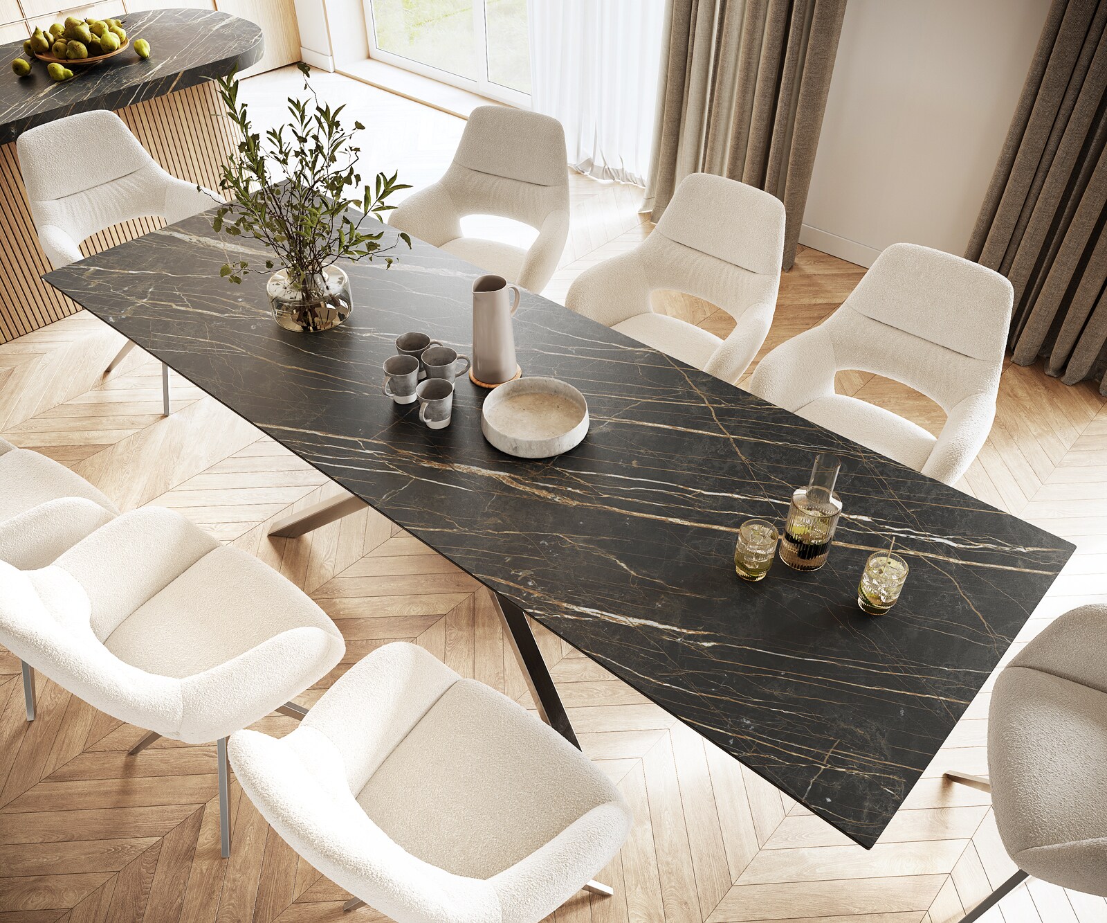 Esstisch Edge 300x100cm Keramik Laminam®Noir Desir Braun Kreuzgestell Rechteck Edelstahl 3