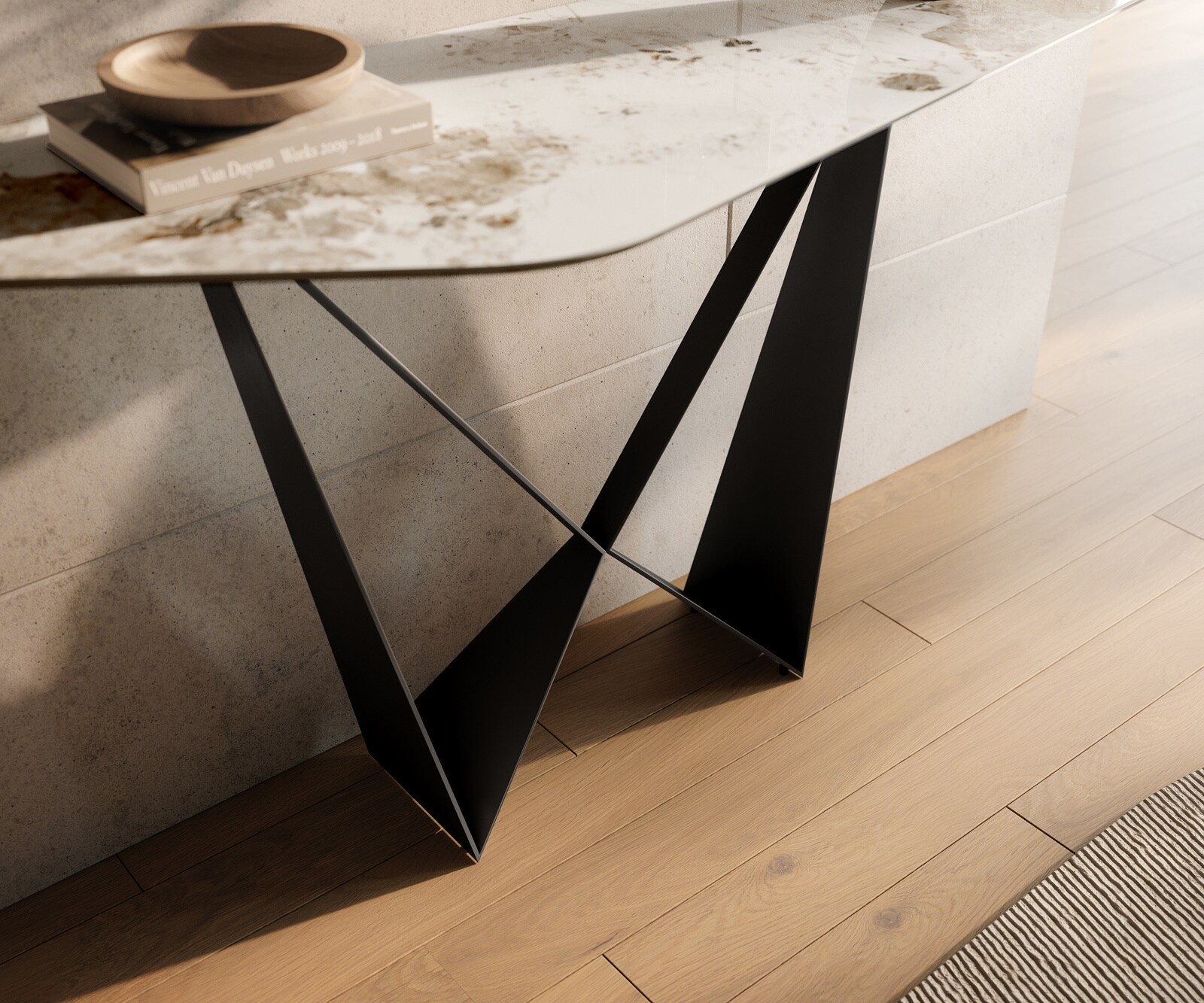Konsolentisch Edge Polygonal 140x50 cm Keramik Minas Melange Weiß-Beige Spios Metall Schwarz 5