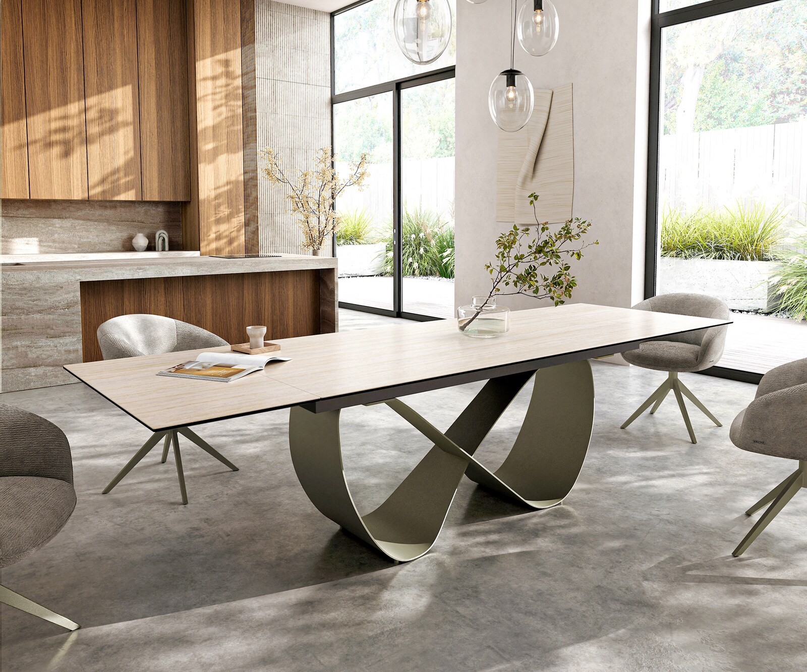 Esstisch Edge 200-300x100 Keramik Laminam® Travertino Bianco Creme-Weiß Infinity Metall Effektfinish Titan ausziehbar