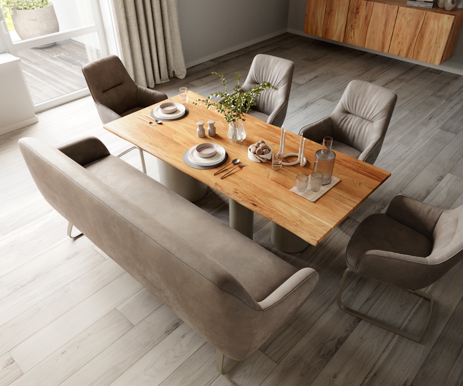 Esszimmerbank Taya-Flex 200 cm Mikrofaser Taupe Vintage Kufengestell flach Effektfinish Titan Taschenfederkern 3