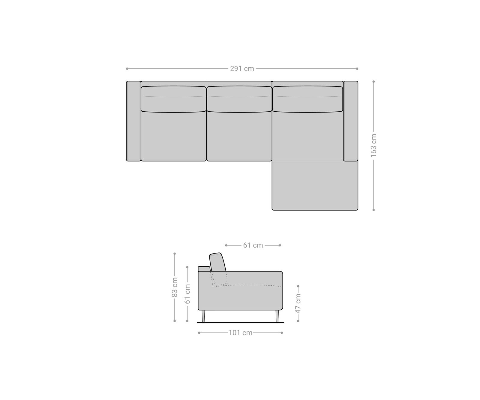 Ecksofa Sottil 290 x 165cm Chenille Grau Recamiere rechts 5
