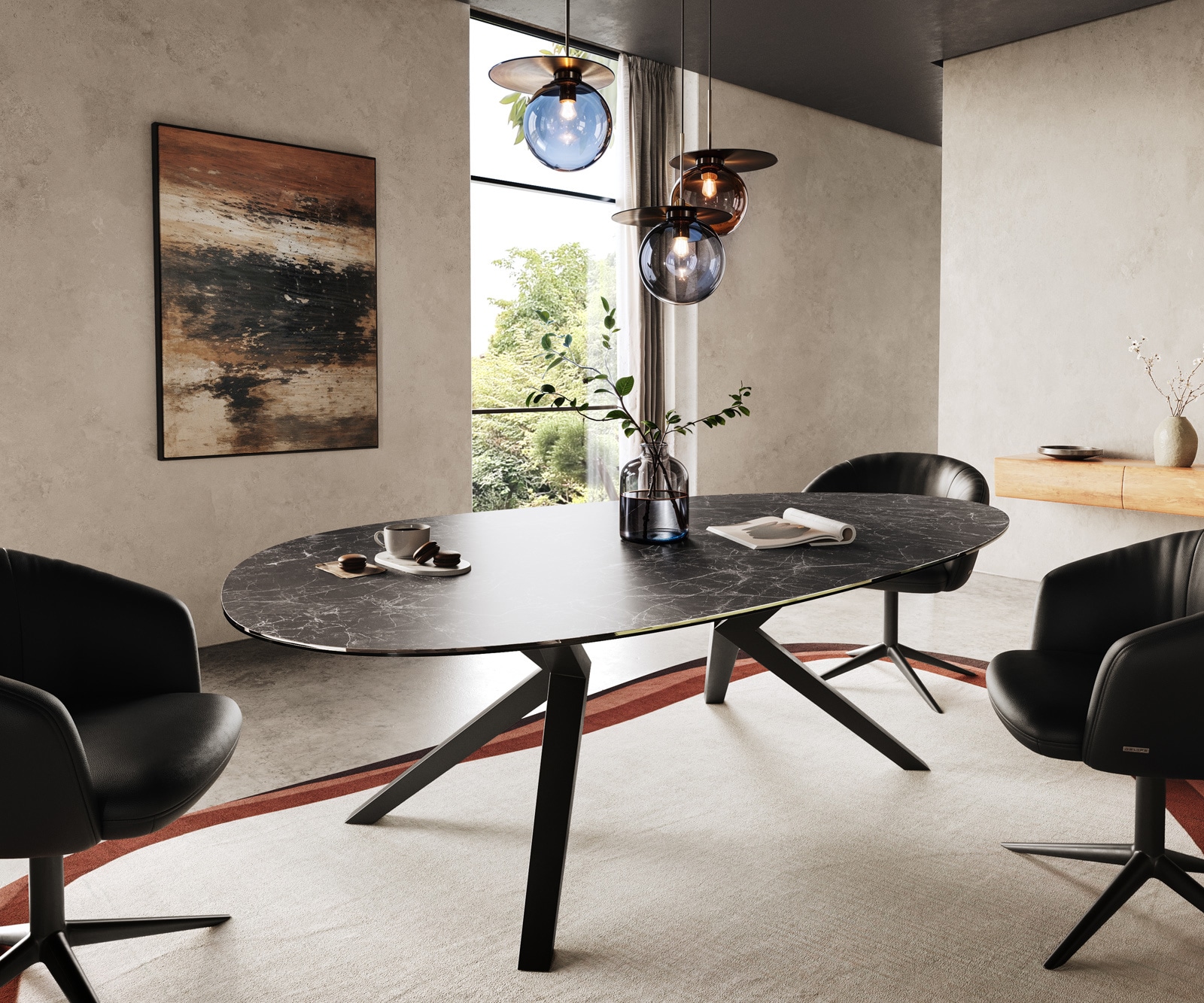 Esstisch Edge Oval 220x120 Keramik Laminam® Nero Greco Anthrazit Zenthara kantig Metall Schwarz