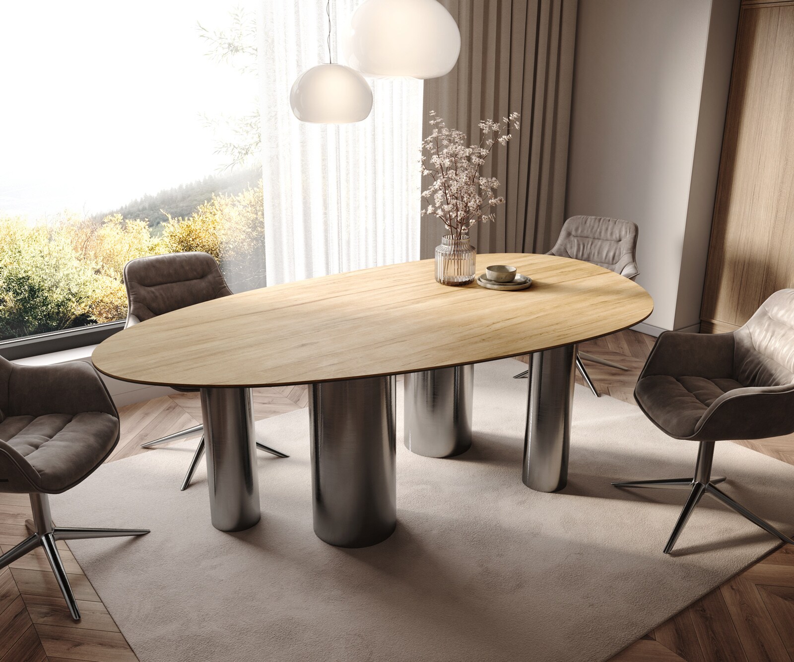 Esstisch Edge Oval 220x120 Keramik Laminam® Sabbia Eichefarbig Pilier Edelstahl Graphit