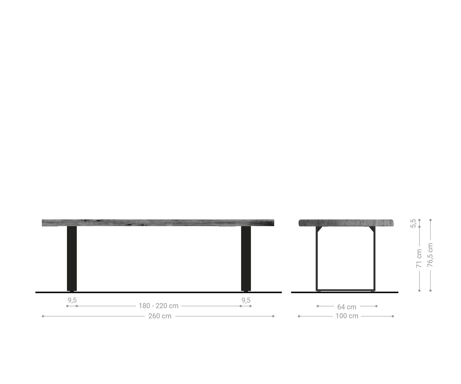 Esstisch Edge 260x100 XL Akazie Natur Edelstahl Schmal Live-Edge 8