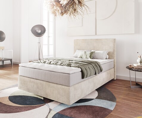 Boxspringbett Dream-Well 120x200 cm Cord Beige mit Taschenfederkernmatratze und Topper Visco