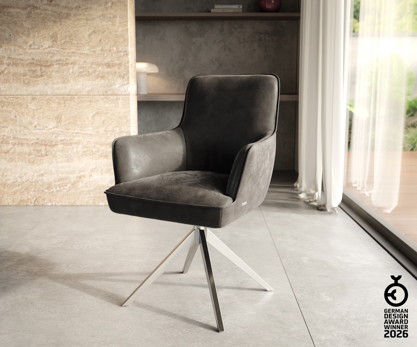 Drehstuhl Heira-Flex mit Armlehnen Mikrofaser Anthrazit Vintage Kreuzgestell breit Edelstahl 360° drehbar Taschenfederkern