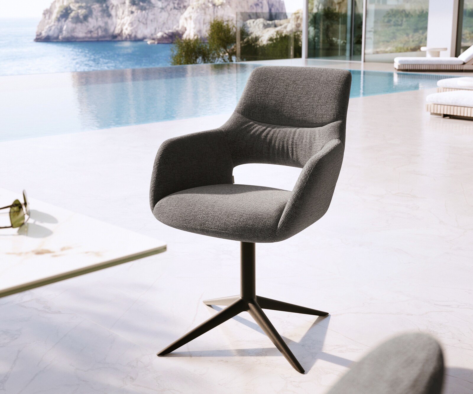 Outdoorstuhl Yago-Flex mit Armlehnen Strukturstoff Graphit Fußkreuz Schwarz 360° drehbar Wippfunktion