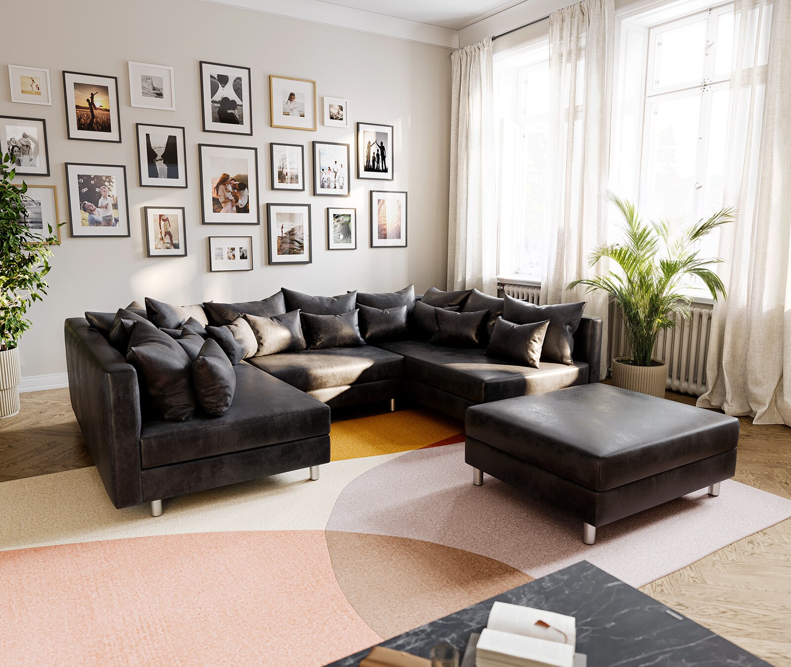 Wohnlandschaft Clovis Anthrazit Antik Optik modular Hocker 
