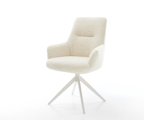 Drehstuhl Zelia-Flex mit Armlehnen Teddystoff Beige Kreuzgestell breit Weiß 360° drehbar Wippfunktion Taschenfederkern