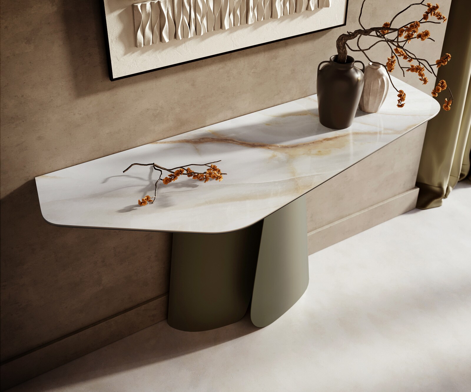 Konsolentisch Edge Polygonal 140x50 cm Keramik Onyx Pearl Livos Metall Effektfinish Titan 1