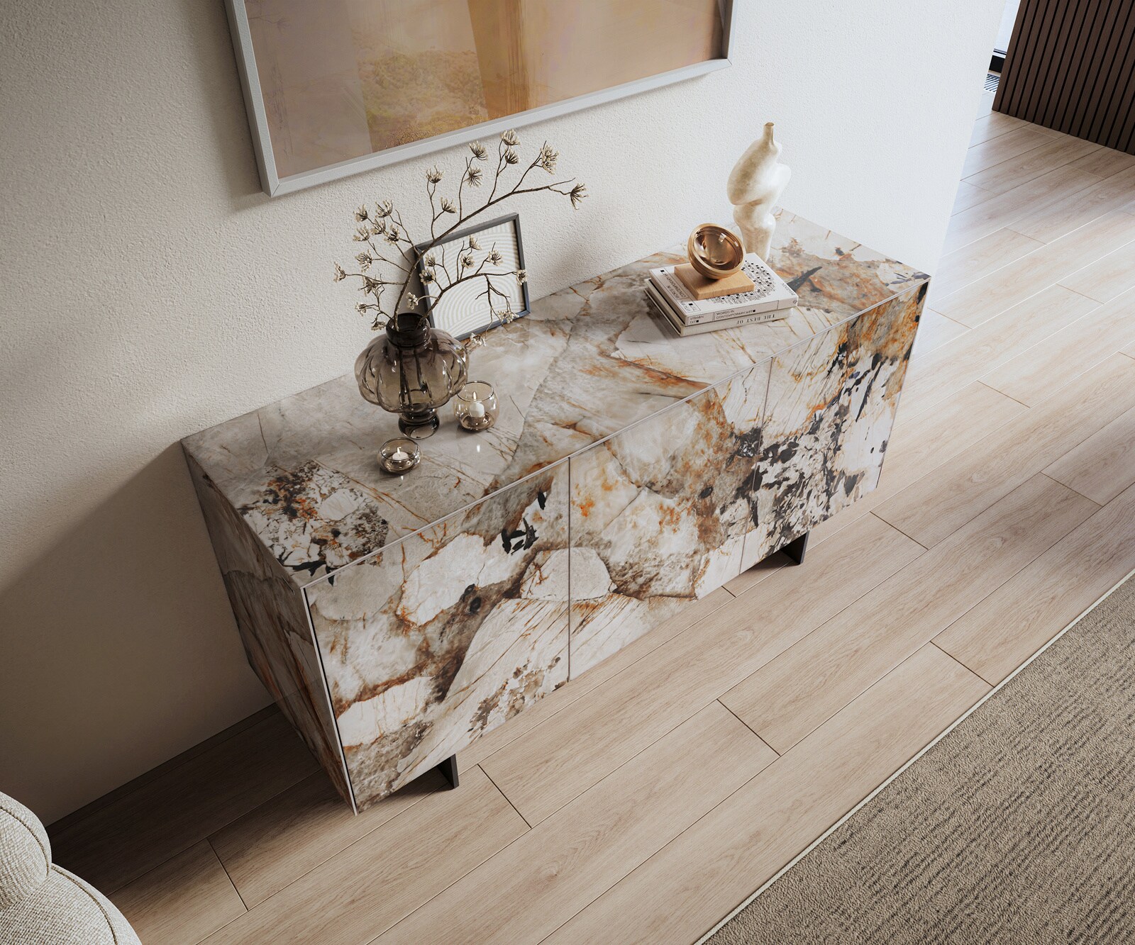 Sideboard Cuor 150 cm Keramik Patagonia Poliert 3 Türen Fuß Schwebeoptik Metall Schwarz 3