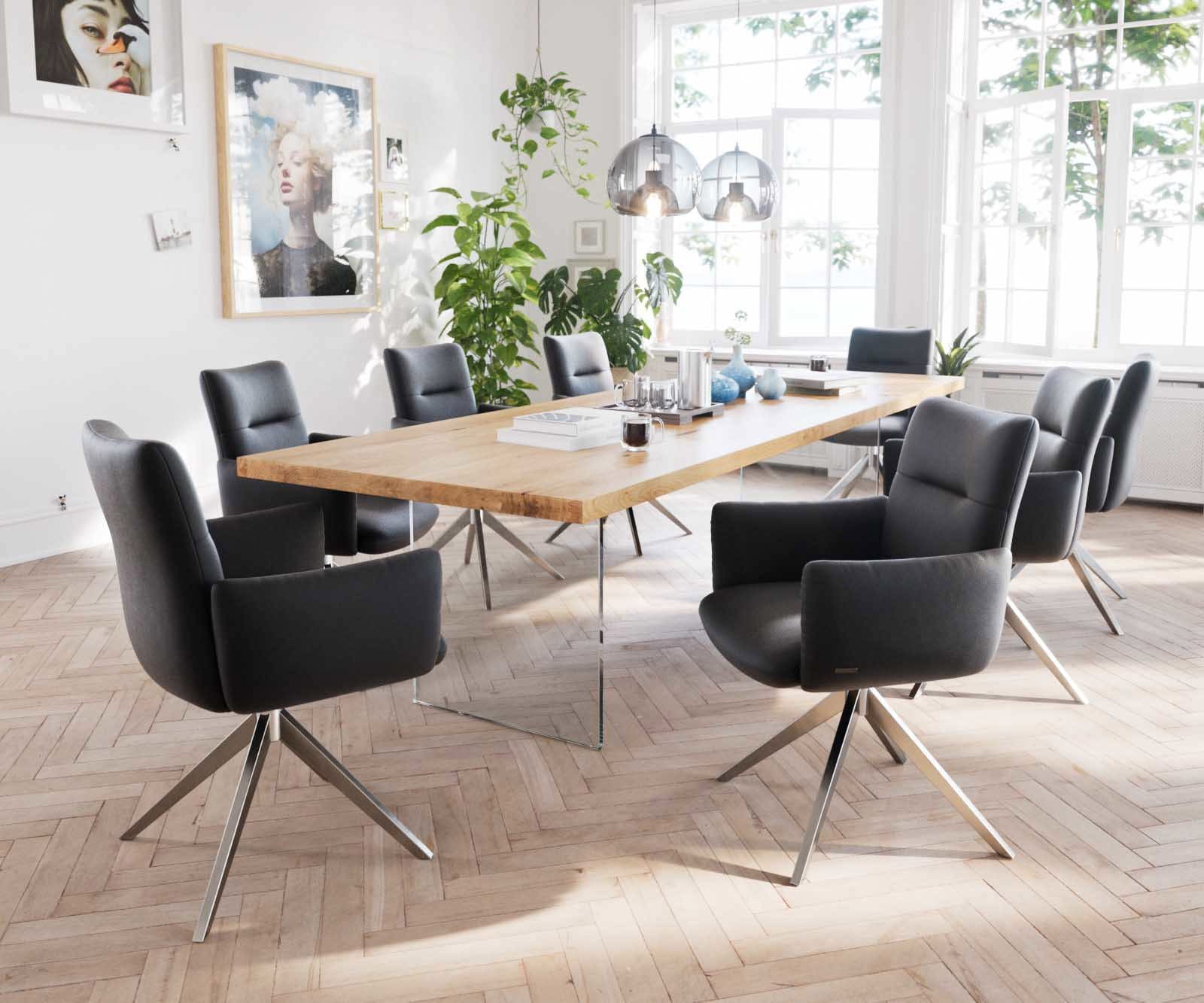 Drehstuhl Jova-Flex mit Armlehnen Echt-Leder Schwarz Kreuzgestell breit Edelstahl 360° drehbar Taschenfederkern 4 Drehstuhl Jova-Flex mit Armlehnen Echt-Leder Schwarz Kreuzgestell breit Edelstahl 360° drehbar Taschenfederkern 4
