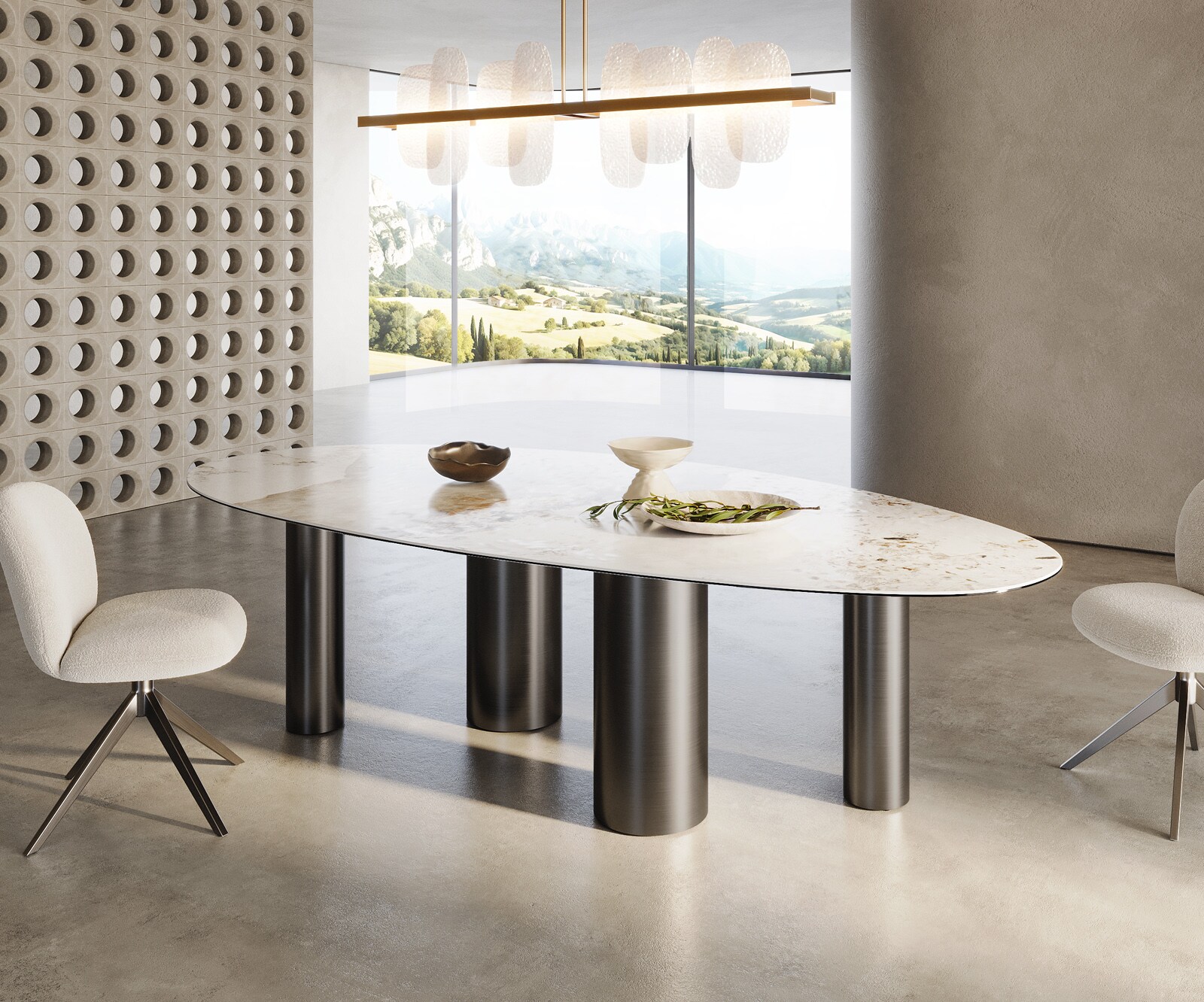 Esstisch Edge Oval 280x130 Keramik Minas Melange Weiß-Beige Pilier Edelstahl Graphit 3