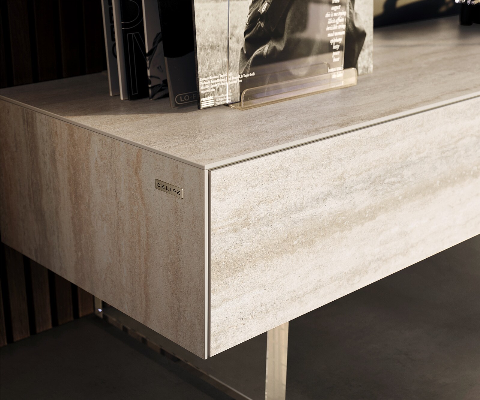 Lowboard Cuor 150 cm Keramik Laminam® Travertino Bianco Creme-Weiß 1 Klappe 1 Schubfach Fuß Schwebeoptik Acrylglas 6