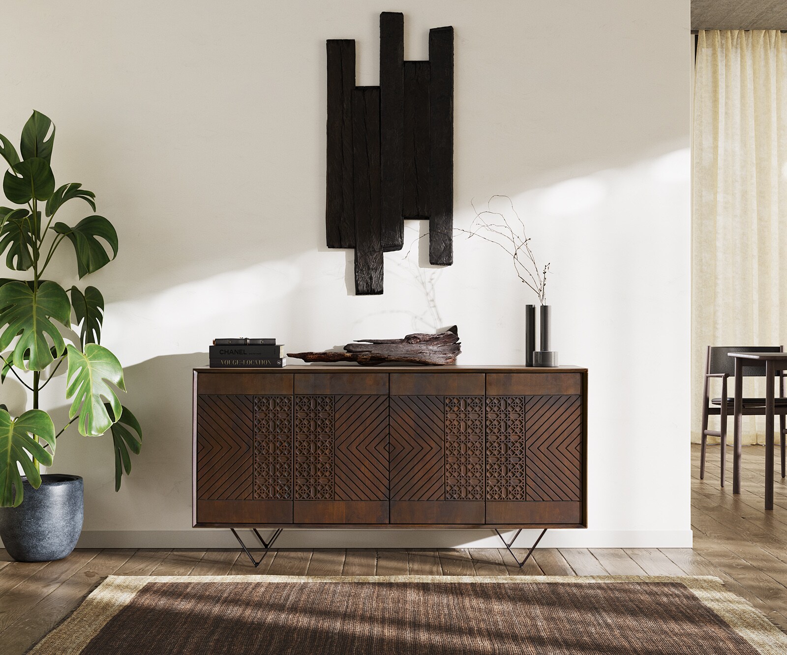 Sideboard Manjula 145 cm Mango Braun 4 Türen V-Fuß Metall Schwarz 1