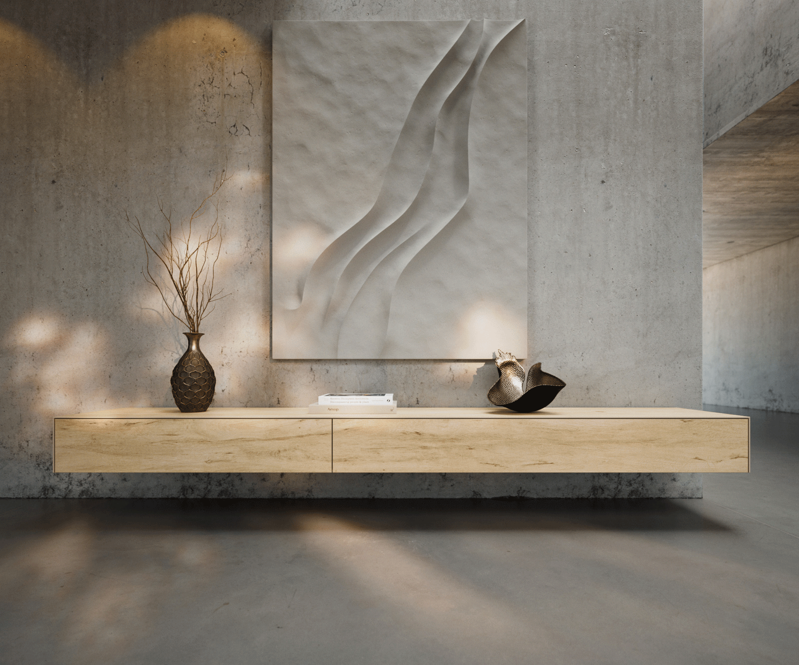 Lowboard Cuor 250 cm Keramik Laminam® Sabbia Eichefarbig 1 Klappe 1 Schubfach Schwebend 4