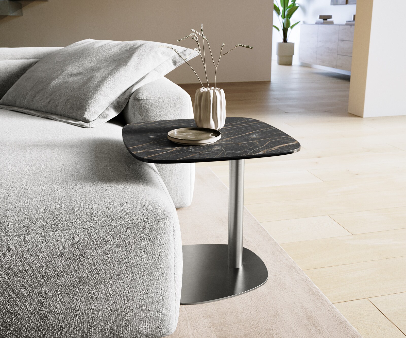 Couchtisch Edge Boot 50x50 cm Keramik Laminam® Noir Desir Braun Eleny Edelstahl gebürstet 1
