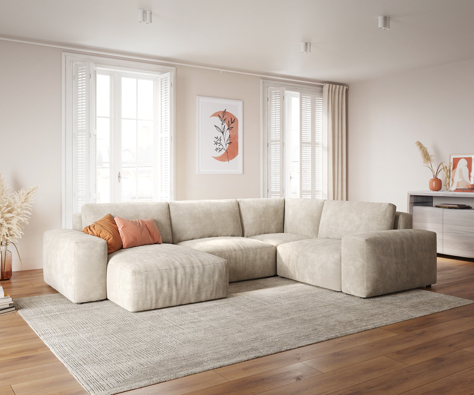 Delife Wohnlandschaft Lanzo 300x210 Cm Cord Beige Recamiere Variabel