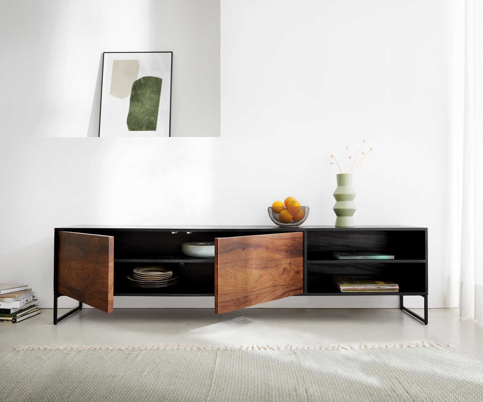 Lowboard Vaag 200 cm Sheesham Natur Mango Schwarz 2 Türen 2 Fächer 7