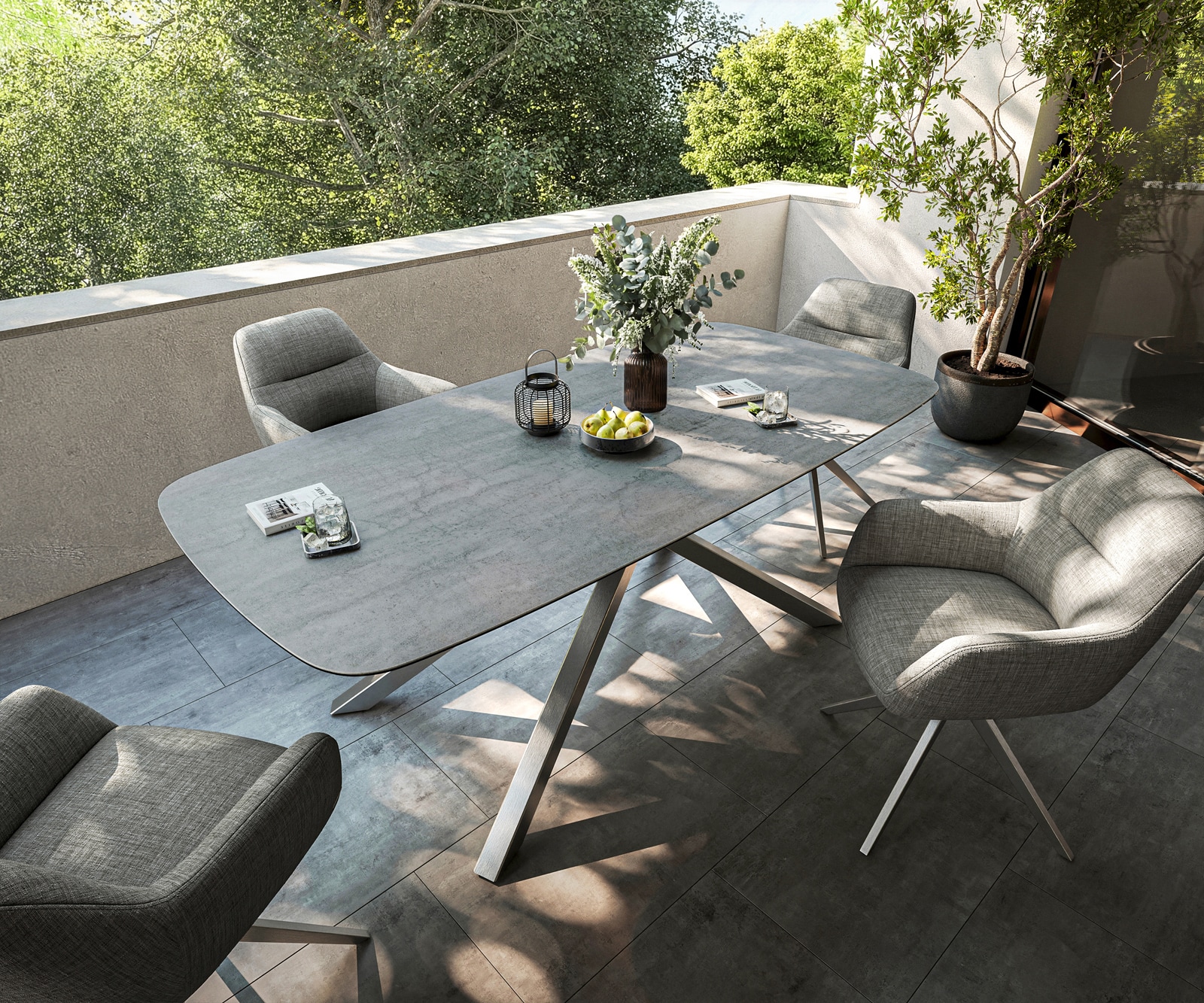 Outdoortisch Edge Boot 200x100 cm Keramik Beton Grau Kreuzgestell Rechteck Edelstahl 5