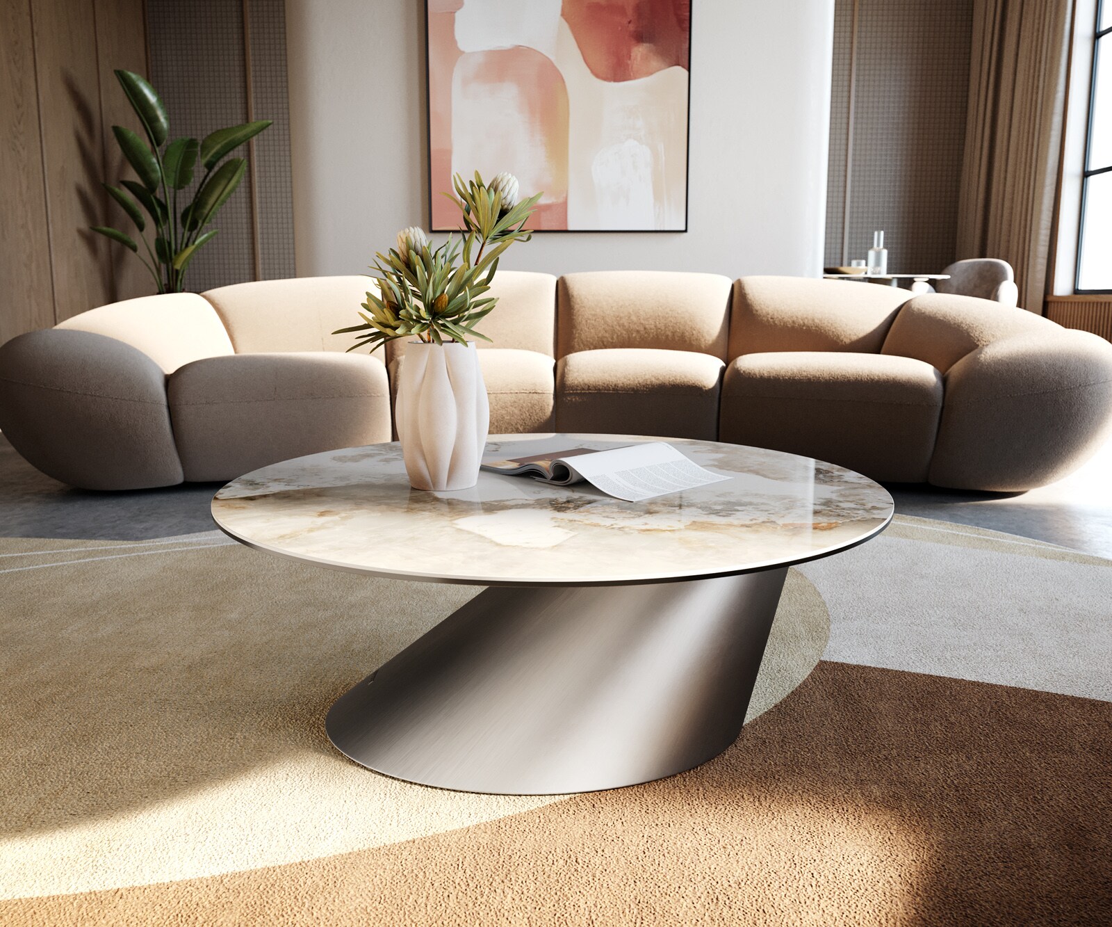 Couchtisch Edge Rund 90x90 cm Keramik Minas Melange Conis Edelstahl gebürstet 3