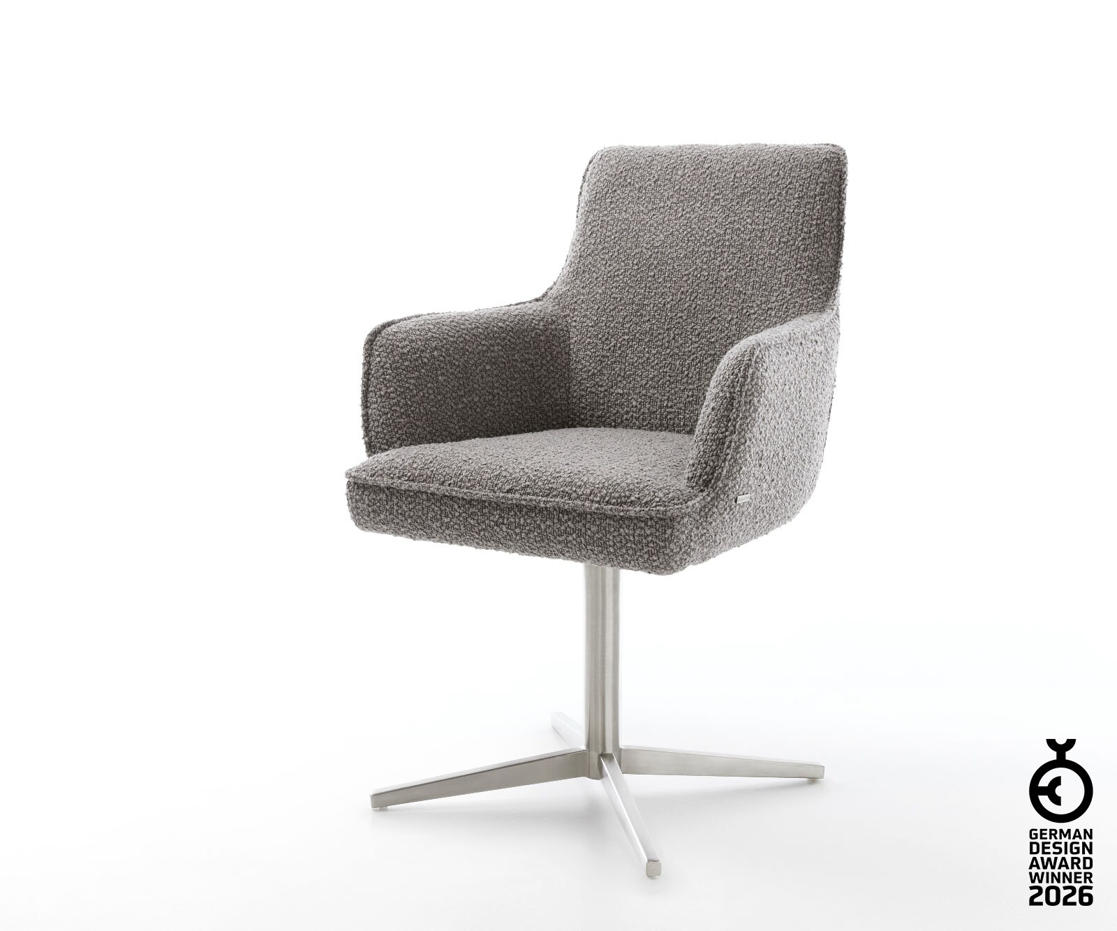 Drehstuhl Heira-Flex mit Armlehnen Bouclé Silbergrau Fußkreuz Edelstahl 360° drehbar Taschenfederkern