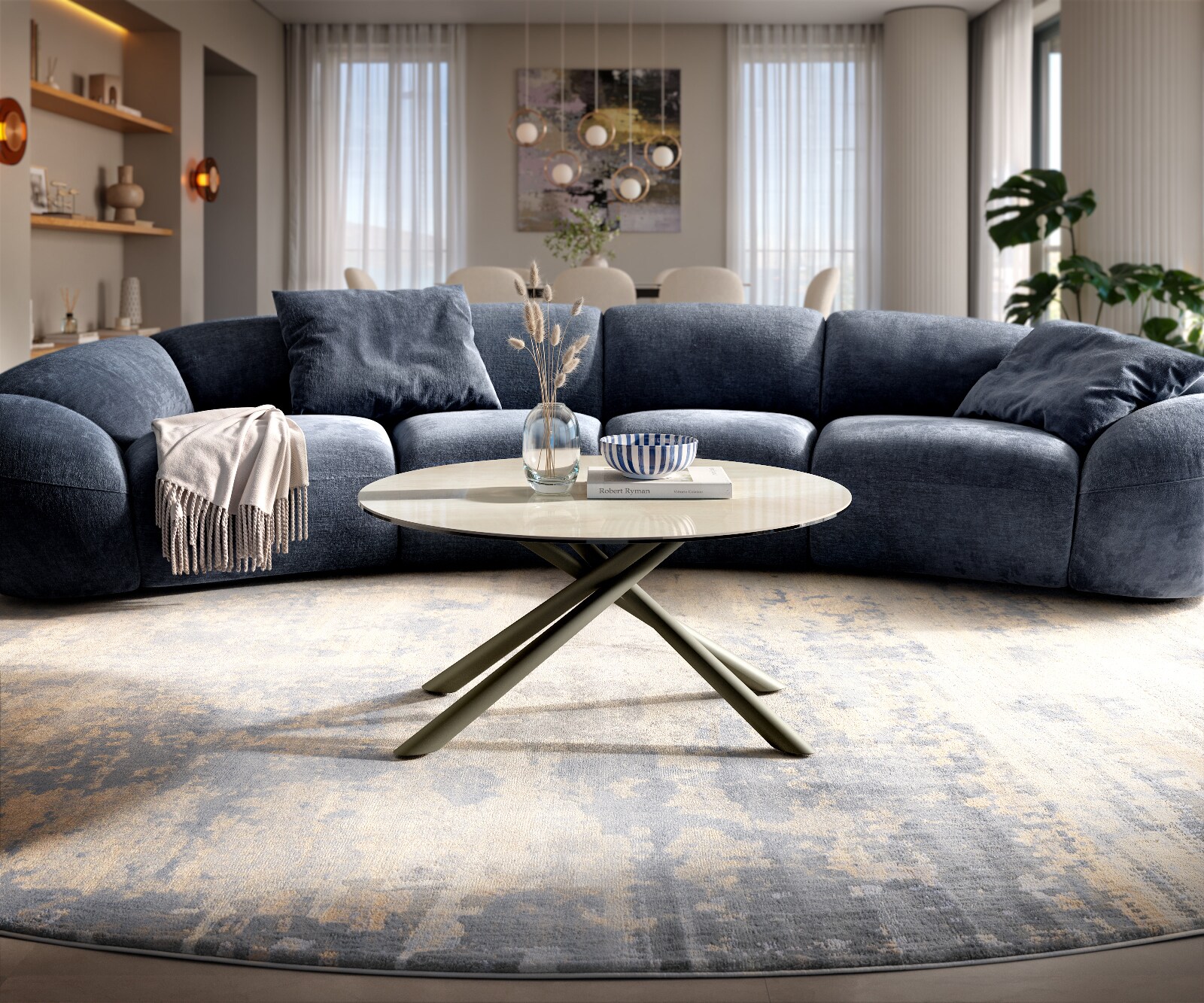 Couchtisch Edge Rund 90x90 cm Keramik Onyx Champagne Sarity Metall Effektfinish Titan 1