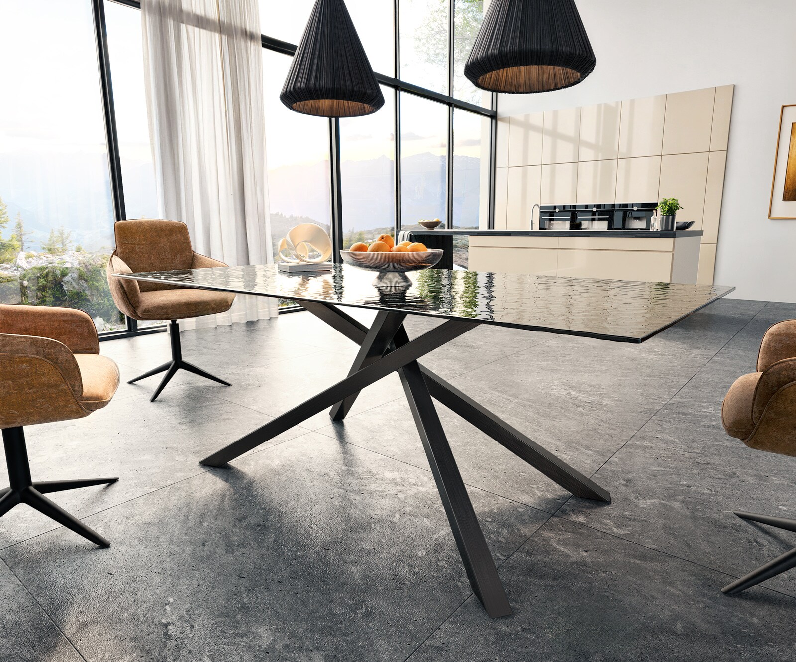 Esstisch Edge 200x100 Reliefglas Rauchschwarz 3D-Design Kreuzgestell Rechteck Schwarz 3